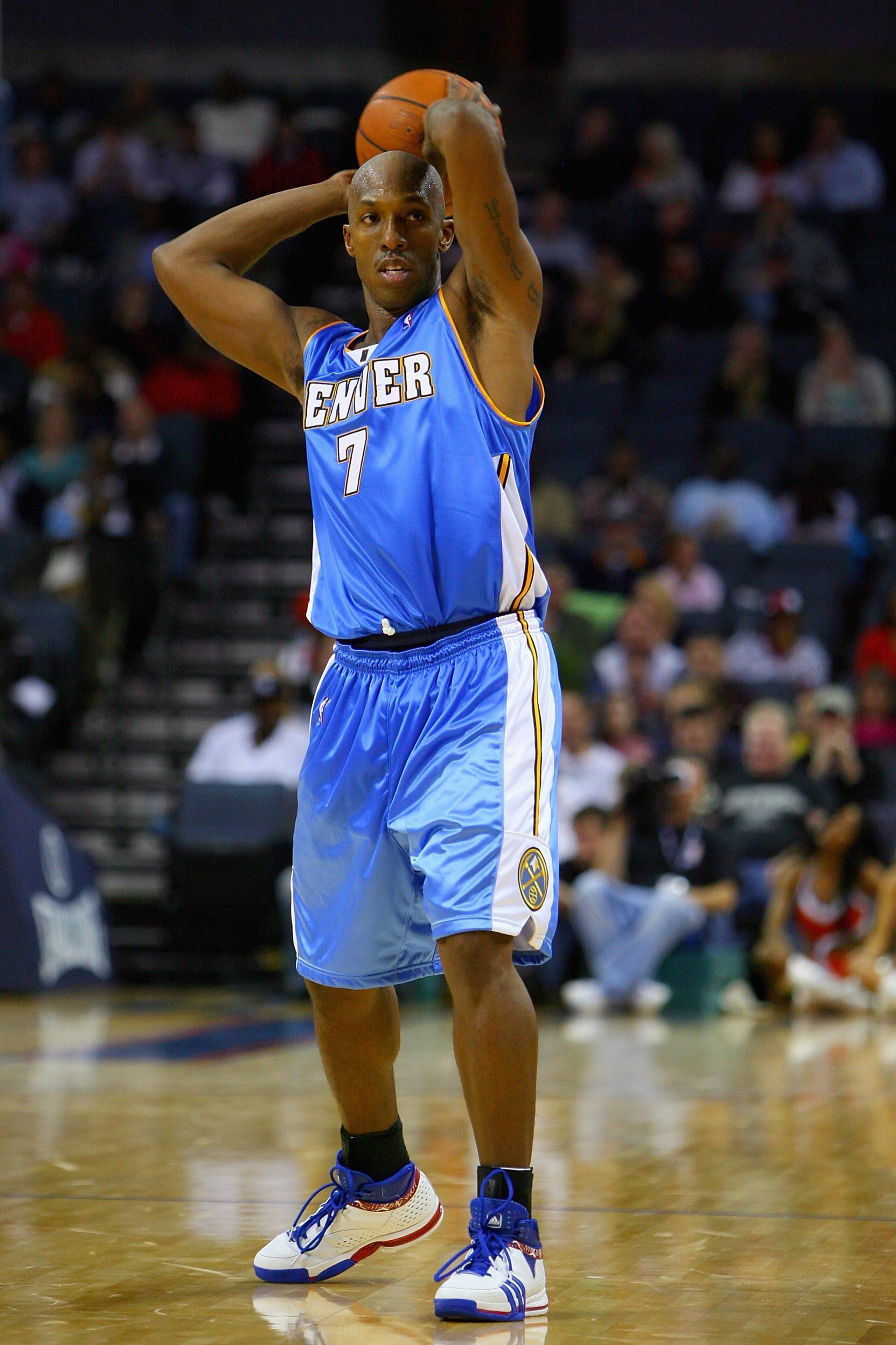 CHARLOTTE, NC - NOVEMBER 11: Chauncey Billups #7 of the Denver Nuggets looks to pass during the game against the Charlotte Bobcats on November 11, 2008 at Time Warner Cable Arena in Charlotte, North Carolina.  The Nuggets won 88-80.  NOTE TO USER: User ex
