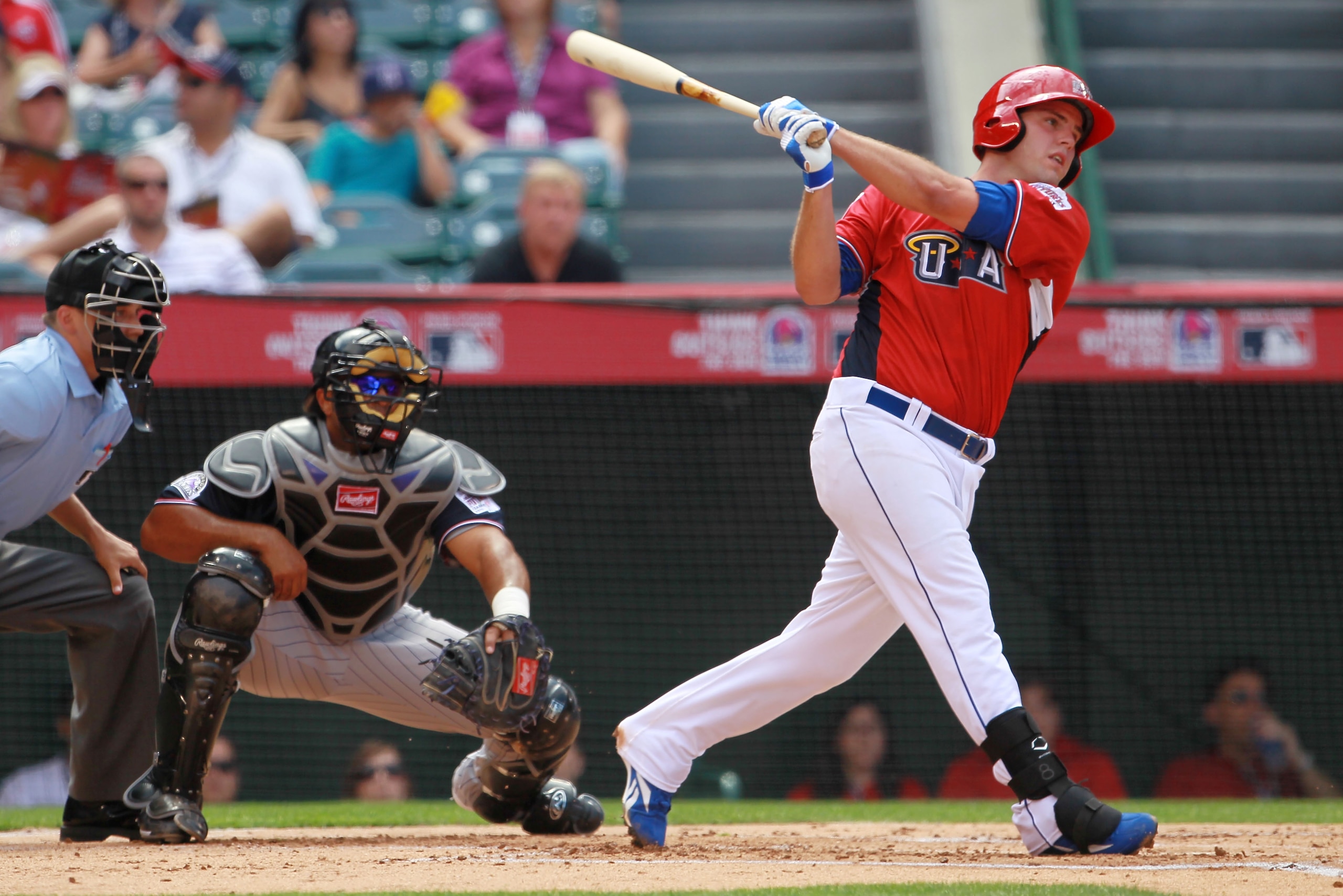 ANAHEIM, CA - JULY 11:  U.S. Futures All-Star Mike Moustakas #8 of the Kansas City Royals at bat during the 2010 XM All-Star Futures Game at Angel Stadium of Anaheim on July 11, 2010 in Anaheim, California.  (Photo by Jeff Gross/Getty Images)