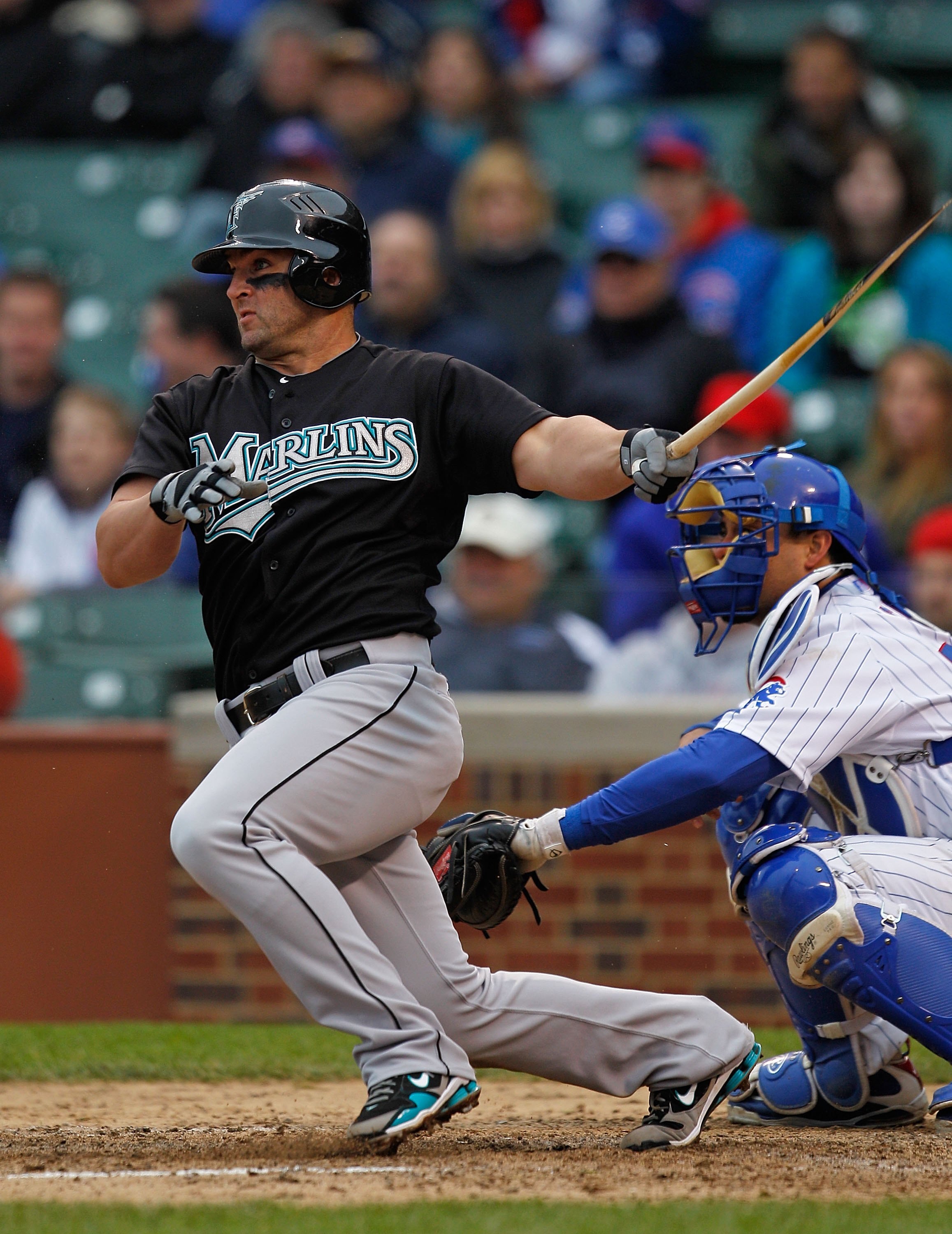CHICAGO - MAY 12: Dan Uggla #6 of the Florida Marlins is left with a broken bat after a hit in the 8th inning against the Chicago Cubs at Wrigley Field on May 12, 2010 in Chicago, Illinois. The Cubs defeated the Marlins 4-3. (Photo by Jonathan Daniel/Gett