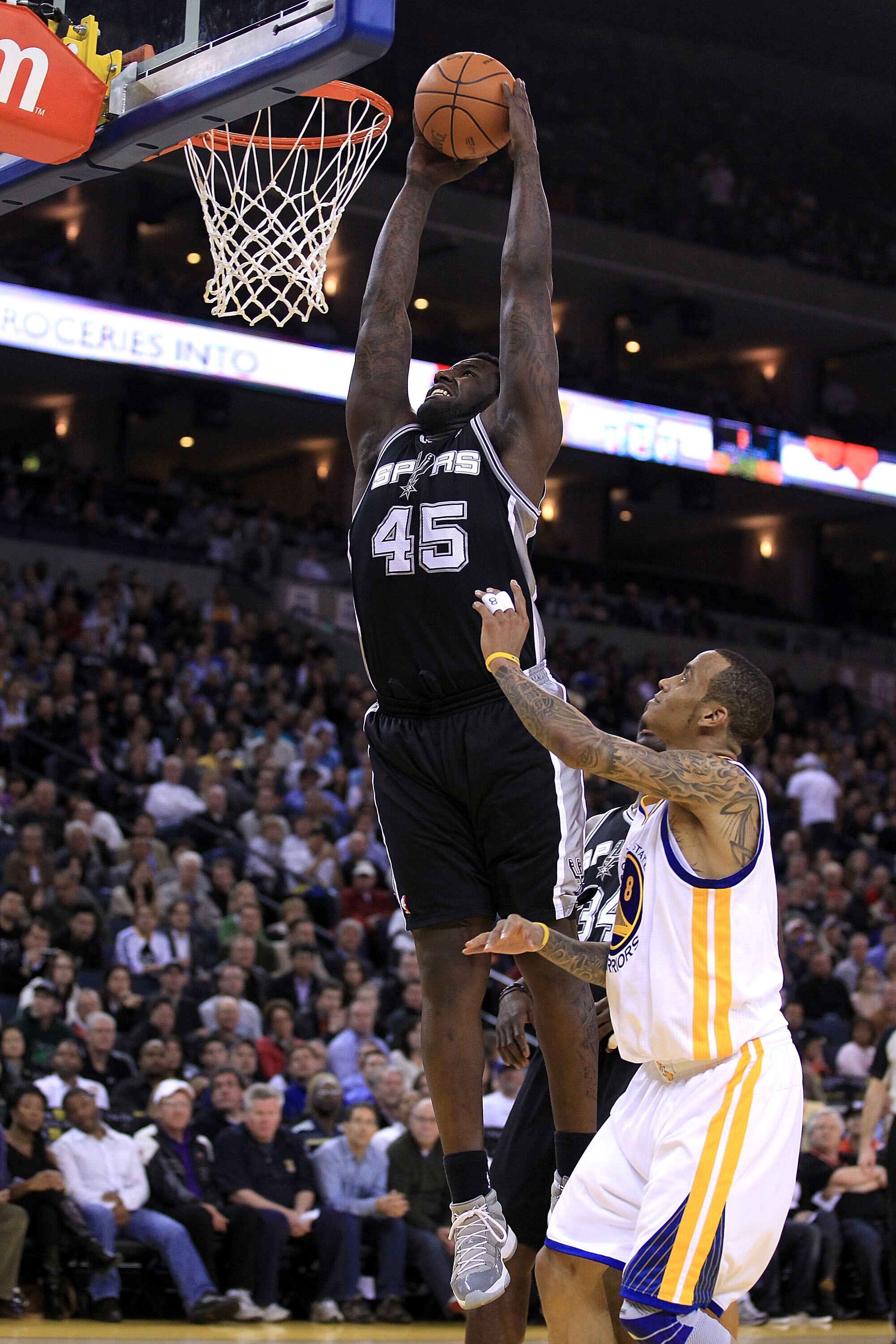 OAKLAND, CA - JANUARY 24:  DeJuan Blair #45 of the San Antonio Spurs in action against the Golden State Warriors at Oracle Arena on January 24, 2011 in Oakland, California.  NOTE TO USER: User expressly acknowledges and agrees that, by downloading and or 