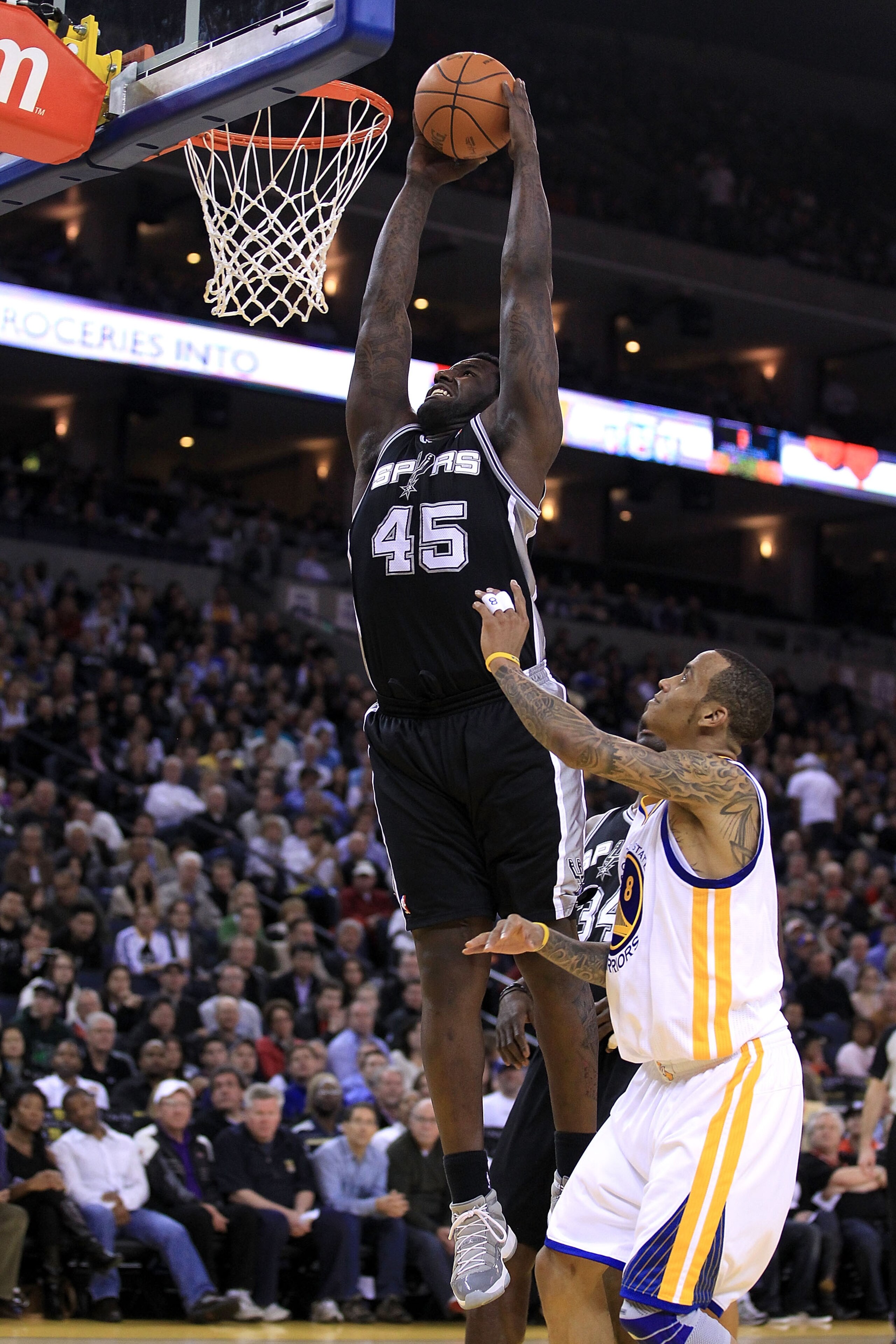 OAKLAND, CA - JANUARY 24:  DeJuan Blair #45 of the San Antonio Spurs in action against the Golden State Warriors at Oracle Arena on January 24, 2011 in Oakland, California.  NOTE TO USER: User expressly acknowledges and agrees that, by downloading and or 