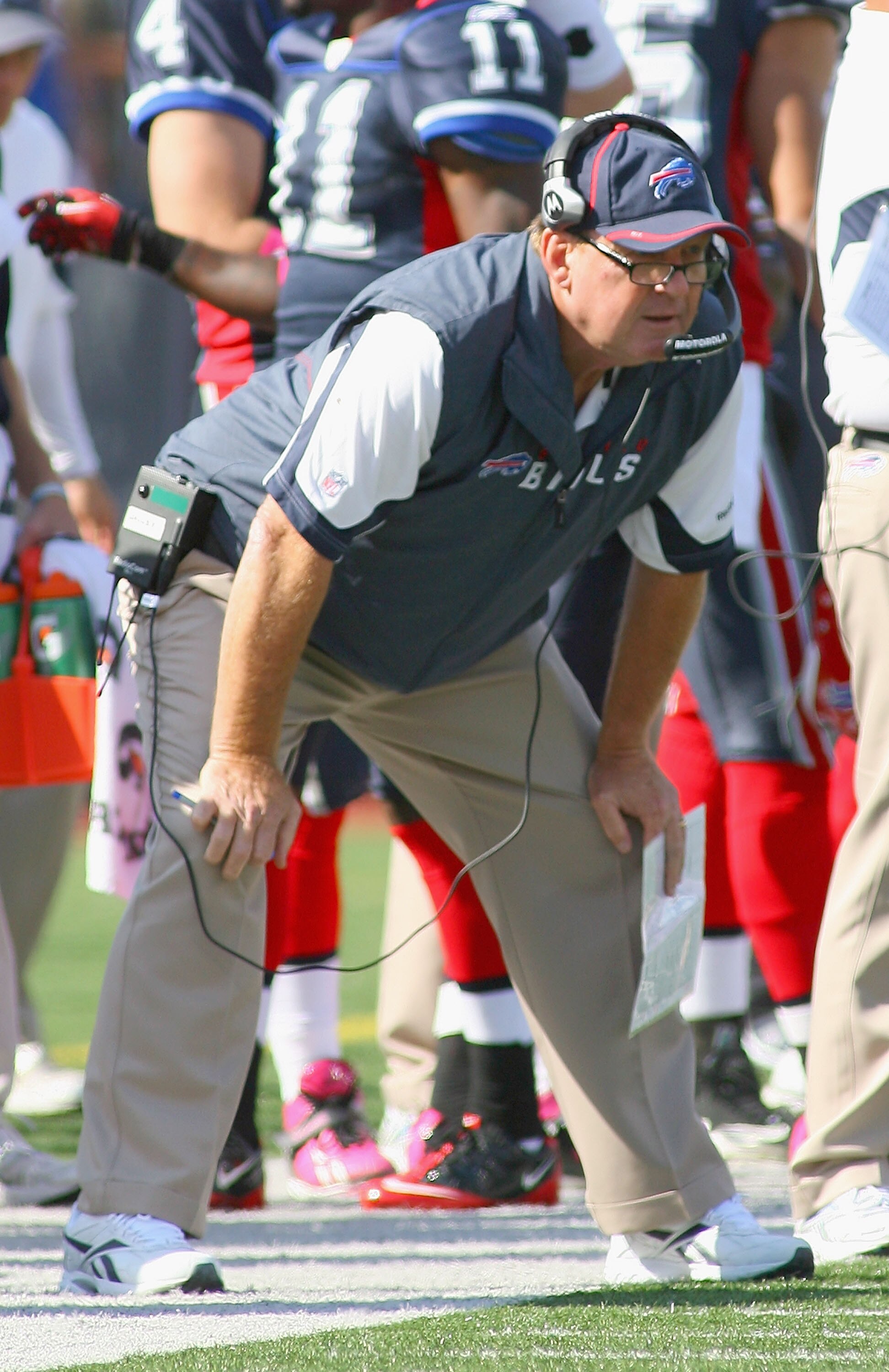 ORCHARD PARK, NY - OCTOBER 10: Chan Gailey, head coach of the Buffalo Bills stands on the sidelines against the Jacksonville Jaguars at Ralph Wilson Stadium on October 10, 2010 in Orchard Park, New York. Jacksonville won 36-26. (Photo by Rick Stewart/Gett