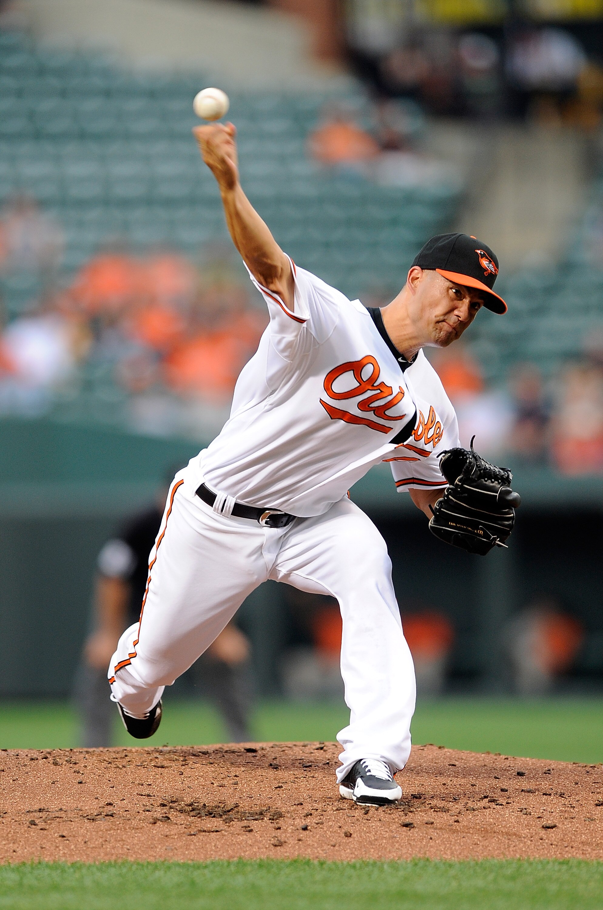 BALTIMORE - AUGUST 03:  Jeremy Guthrie #46 of the Baltimore Orioles pitches against the Los Angeles Angels of Anaheim at Camden Yards on August 3, 2010 in Baltimore, Maryland.  (Photo by Greg Fiume/Getty Images)