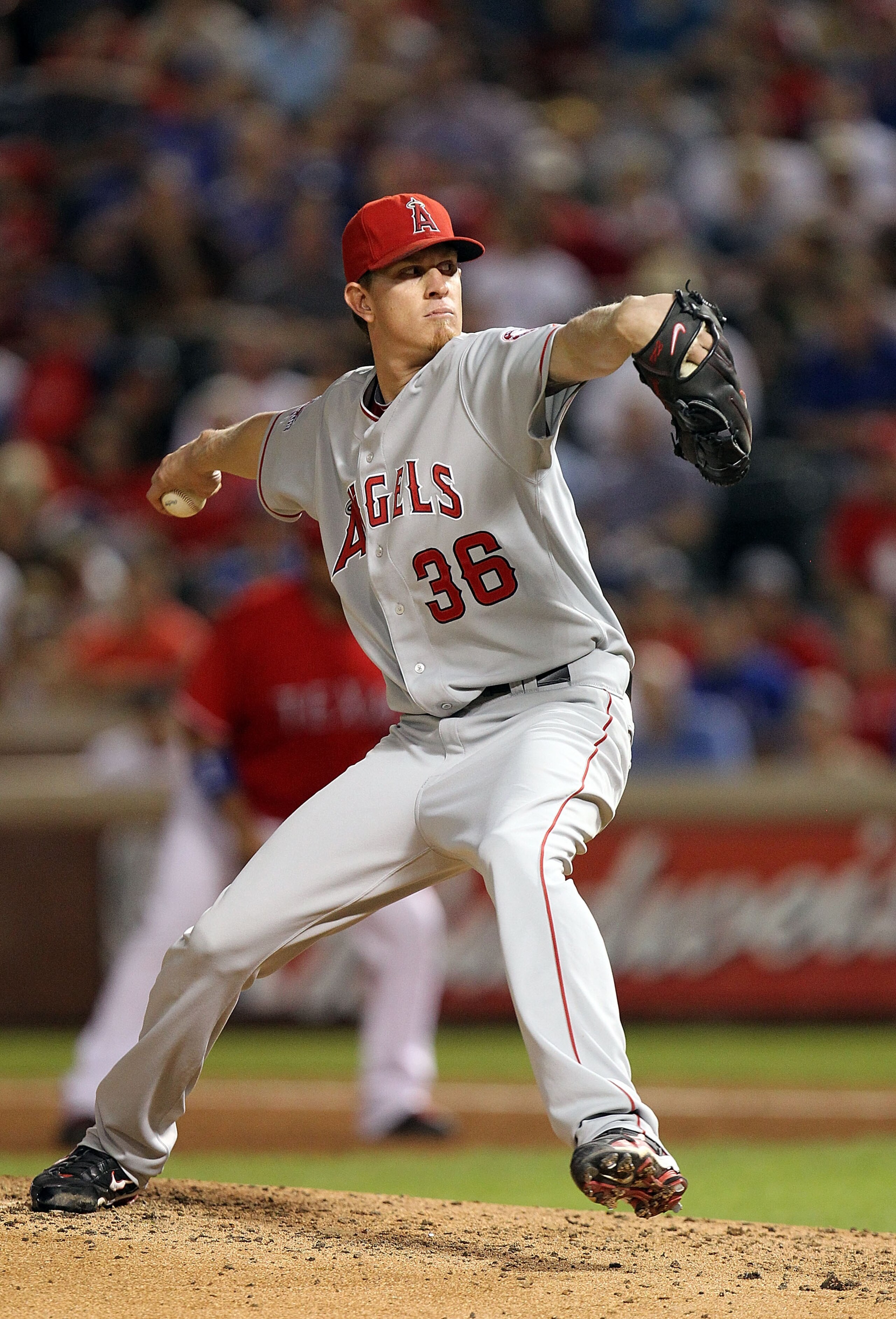 ARLINGTON, TX - OCTOBER 01: Pitcher Jered Weaver #36 of the Los Angeles Angels of Anaheim throws against the Texas Rangers at Rangers Ballpark in Arlington on October 1, 2010 in Arlington, Texas. (Photo by Ronald Martinez/Getty Images) ARLINGTON, TX - OCTOBER 01: Pitcher Jered Weaver #36 of the Los Angeles Angels of Anaheim throws against the Texas Rangers at Rangers Ballpark in Arlington on October 1, 2010 in Arlington, Texas. (Photo by Ronald Martinez/Getty Images)
