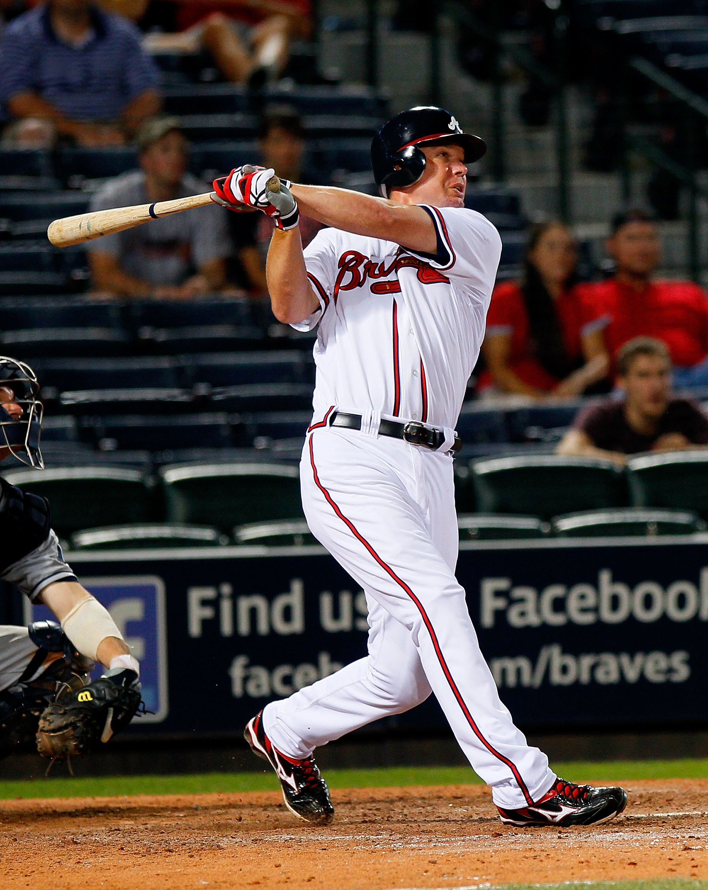 ATLANTA - JUNE 15:  Chipper Jones #10 of the Atlanta Braves hits a homer in the eighth inning against the Tampa Bay Rays at Turner Field on June 15, 2010 in Atlanta, Georgia.  (Photo by Kevin C. Cox/Getty Images)