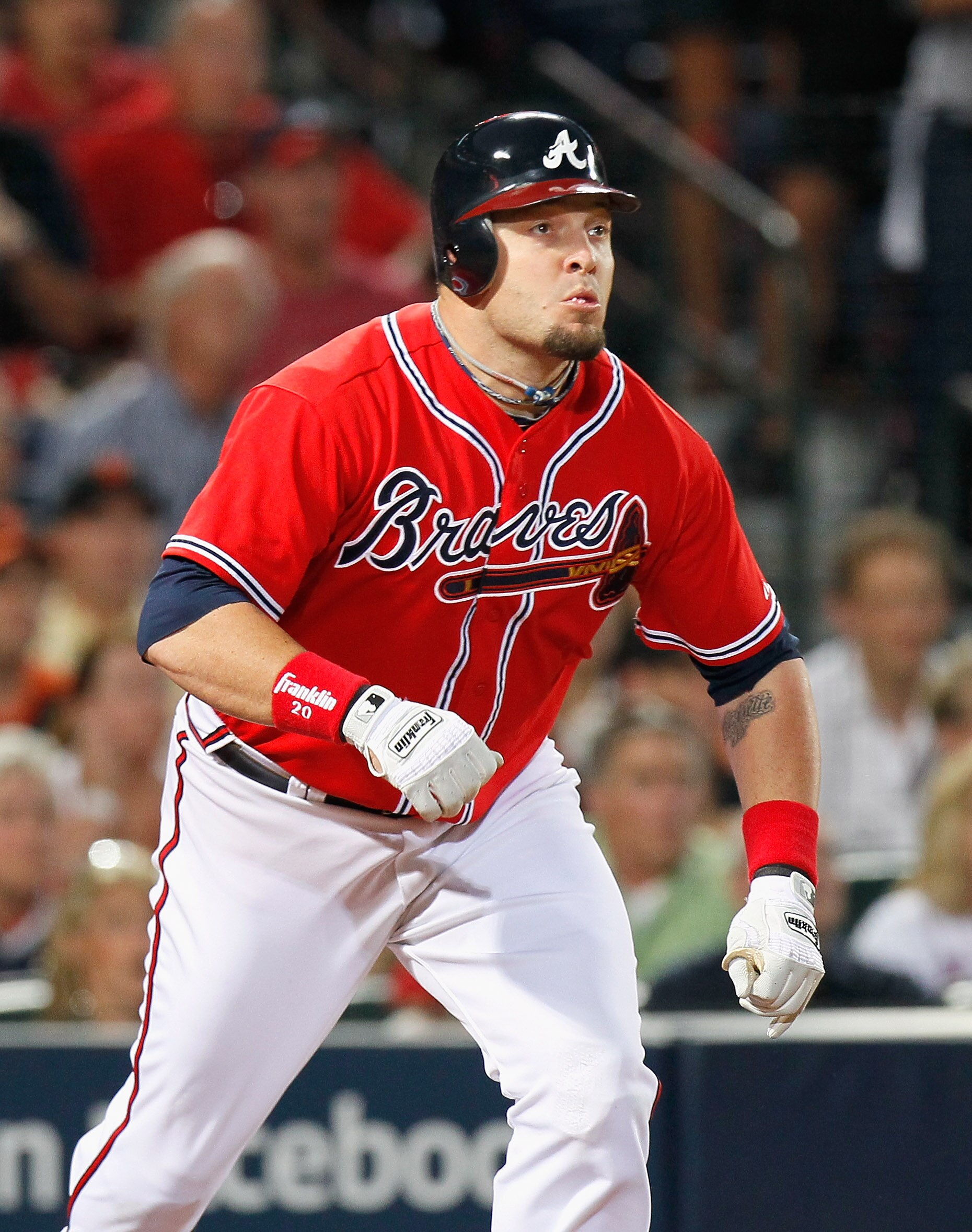 ATLANTA - OCTOBER 10:  Eric Hinske #20 of the Atlanta Braves against the San Francisco Giants during Game Three of the NLDS of the 2010 MLB Playoffs at Turner Field on October 10, 2010 in Atlanta, Georgia.  (Photo by Kevin C. Cox/Getty Images)
