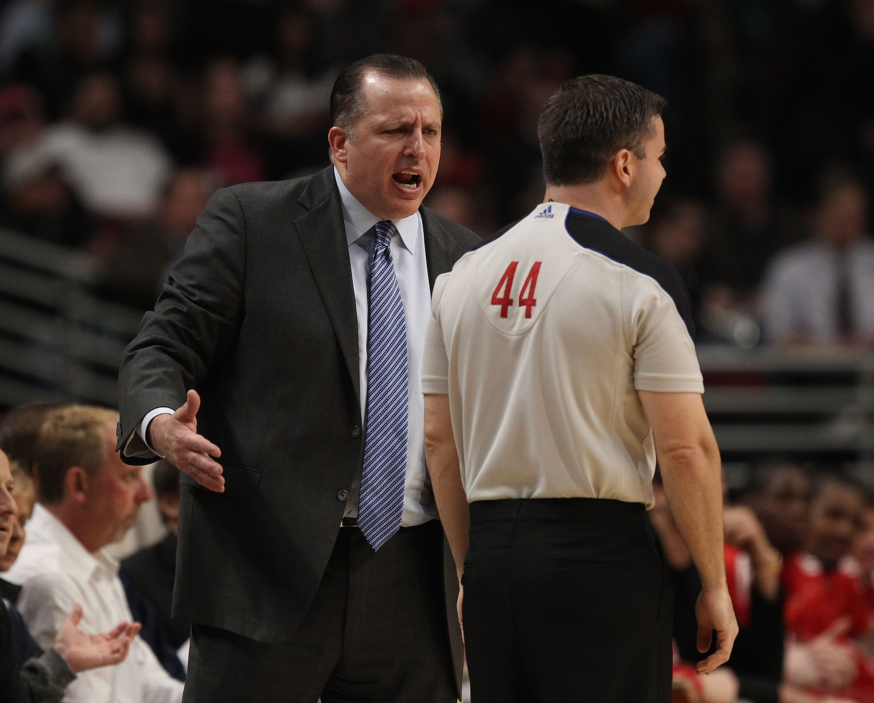 CHICAGO, IL - FEBRUARY 17: Head coach Tom Thibodeau of the Chicago Bulls argues a call with referee Eli Roe #44 during a game against the San Antonio Spurs at the United Center on February 17, 2011 in Chicago, Illinois. The Bulls defeated the Spurs 109-99