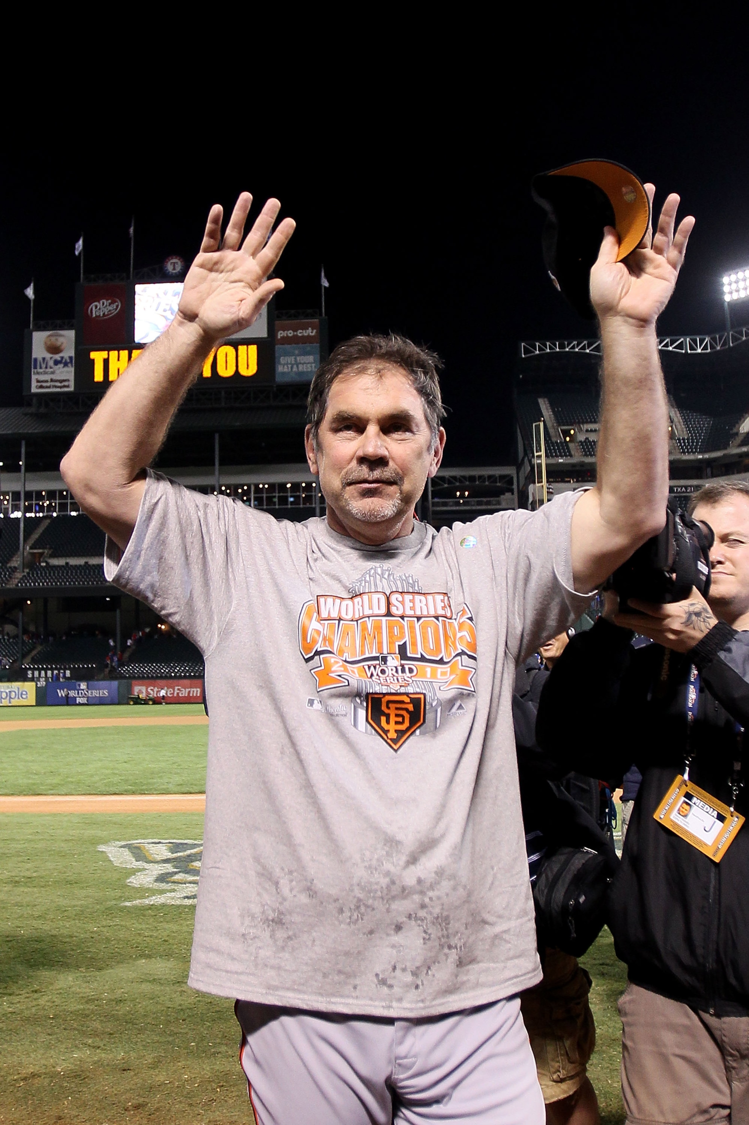 ARLINGTON, TX - NOVEMBER 01:  Manager Bruce Bochy of the San Francisco Giants celebrates after the Giants won 3-1 against the Texas Rangers in Game Five of the 2010 MLB World Series at Rangers Ballpark in Arlington on November 1, 2010 in Arlington, Texas.