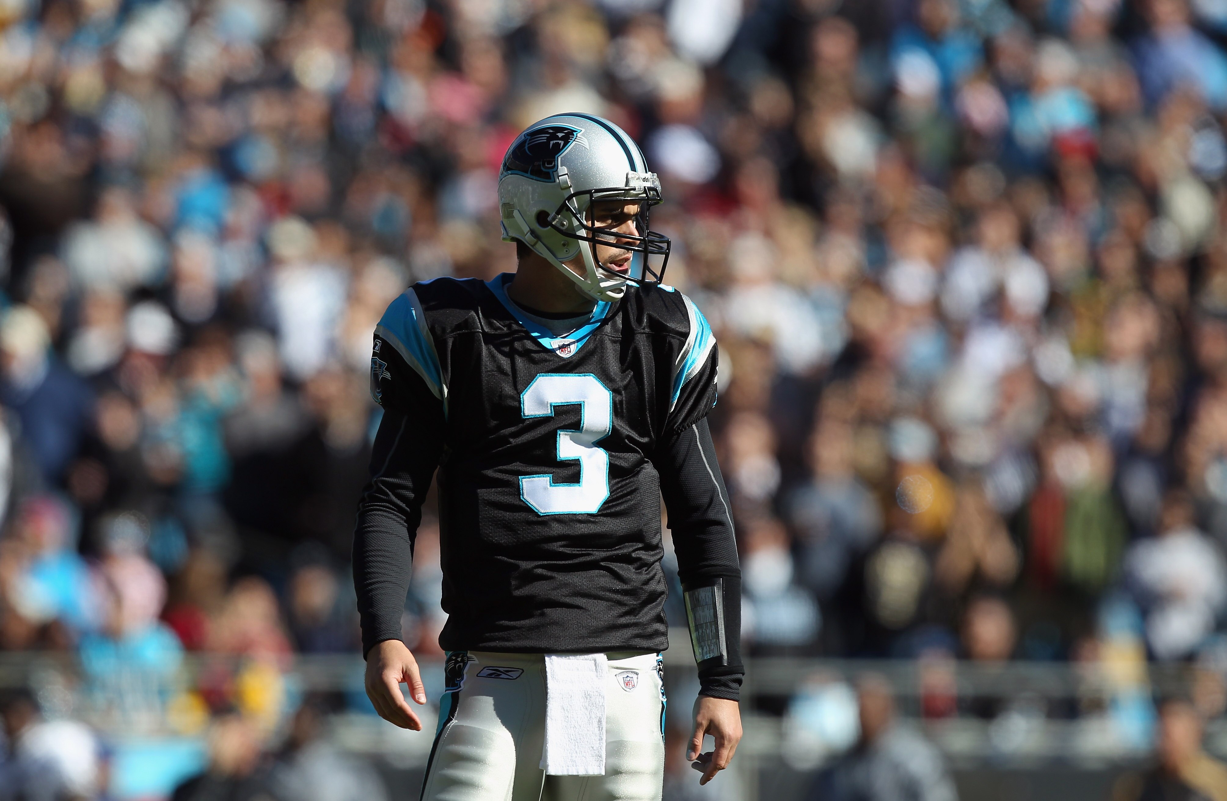 CHARLOTTE, NC - NOVEMBER 07:  Matt Moore #3 of the Carolina Panthers sits on the bench against the New Orleans Saints during their game at Bank of America Stadium on November 7, 2010 in Charlotte, North Carolina.  (Photo by Streeter Lecka/Getty Images)