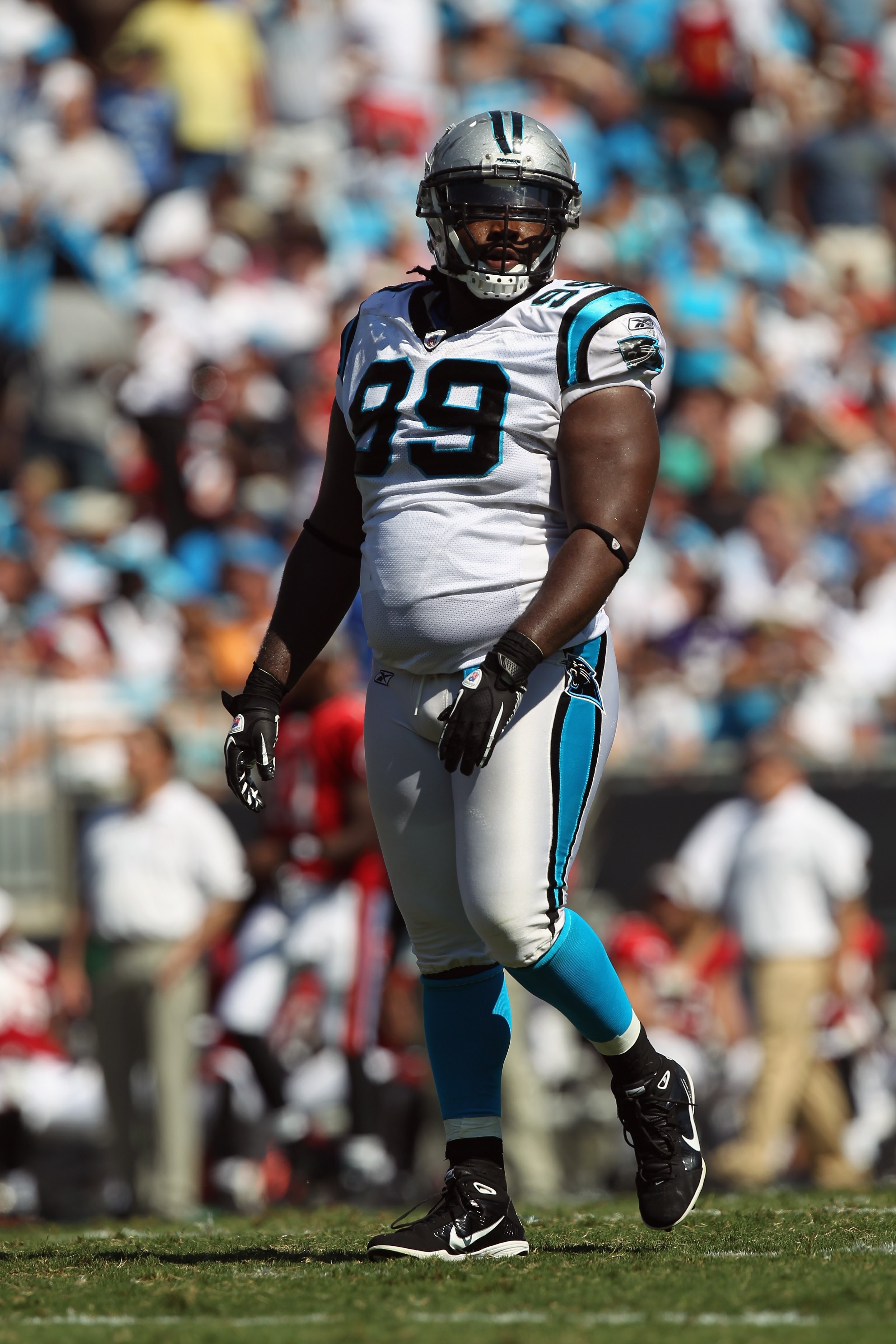 CHARLOTTE, NC - SEPTEMBER 19:  Ed Johnson #99 of the Carolina Panthers during their game at Bank of America Stadium on September 19, 2010 in Charlotte, North Carolina.  (Photo by Streeter Lecka/Getty Images)