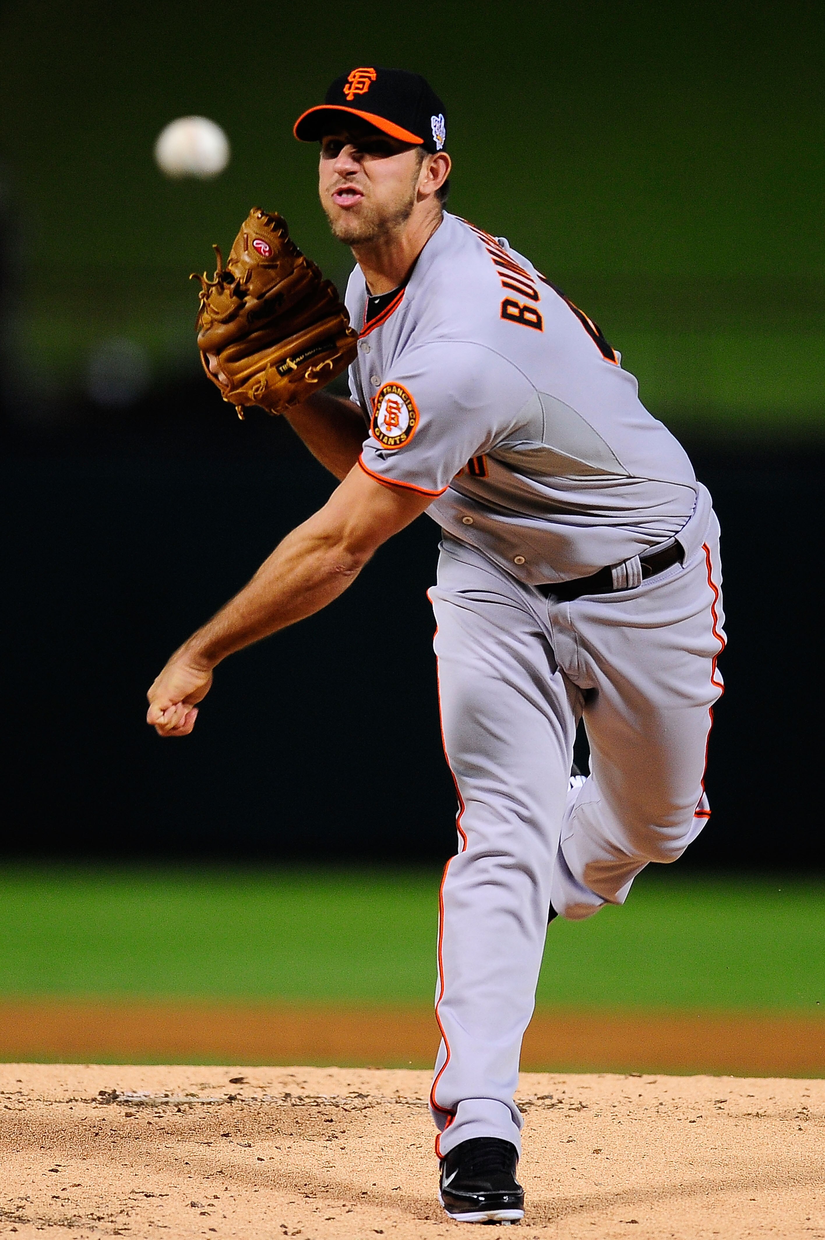 ARLINGTON, TX - OCTOBER 31:  Starting pitcher Madison Bumgarner #40 of the San Francisco Giants pitches against the Texas Rangers in Game Four of the 2010 MLB World Series at Rangers Ballpark in Arlington on October 31, 2010 in Arlington, Texas.  (Photo b
