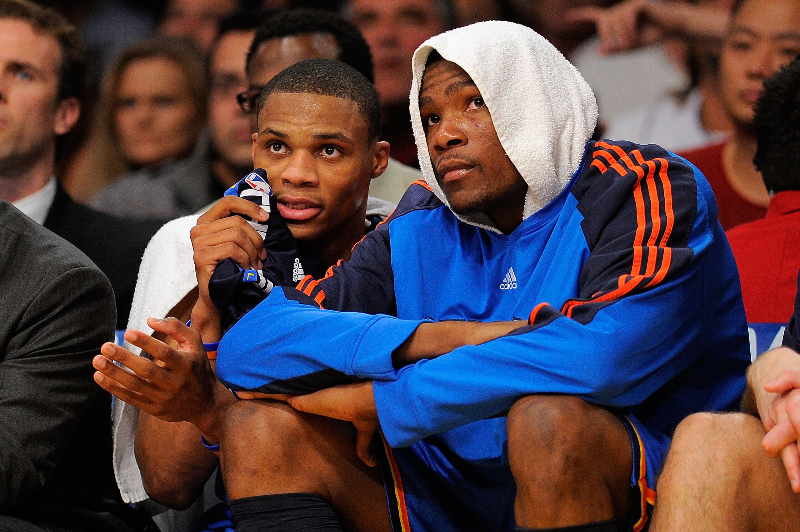 LOS ANGELES, CA - APRIL 27: (L-R) Russell Westbrook #0 and Kevin Durant #35 of the Oklahoma City Thunder sit on the bench late in the fourth quarter while taking on the Los Angeles Lakers during Game Five of the Western Conference Quarterfinals of the 20 LOS ANGELES, CA - APRIL 27: (L-R) Russell Westbrook #0 and Kevin Durant #35 of the Oklahoma City Thunder sit on the bench late in the fourth quarter while taking on the Los Angeles Lakers during Game Five of the Western Conference Quarterfinals of the 20