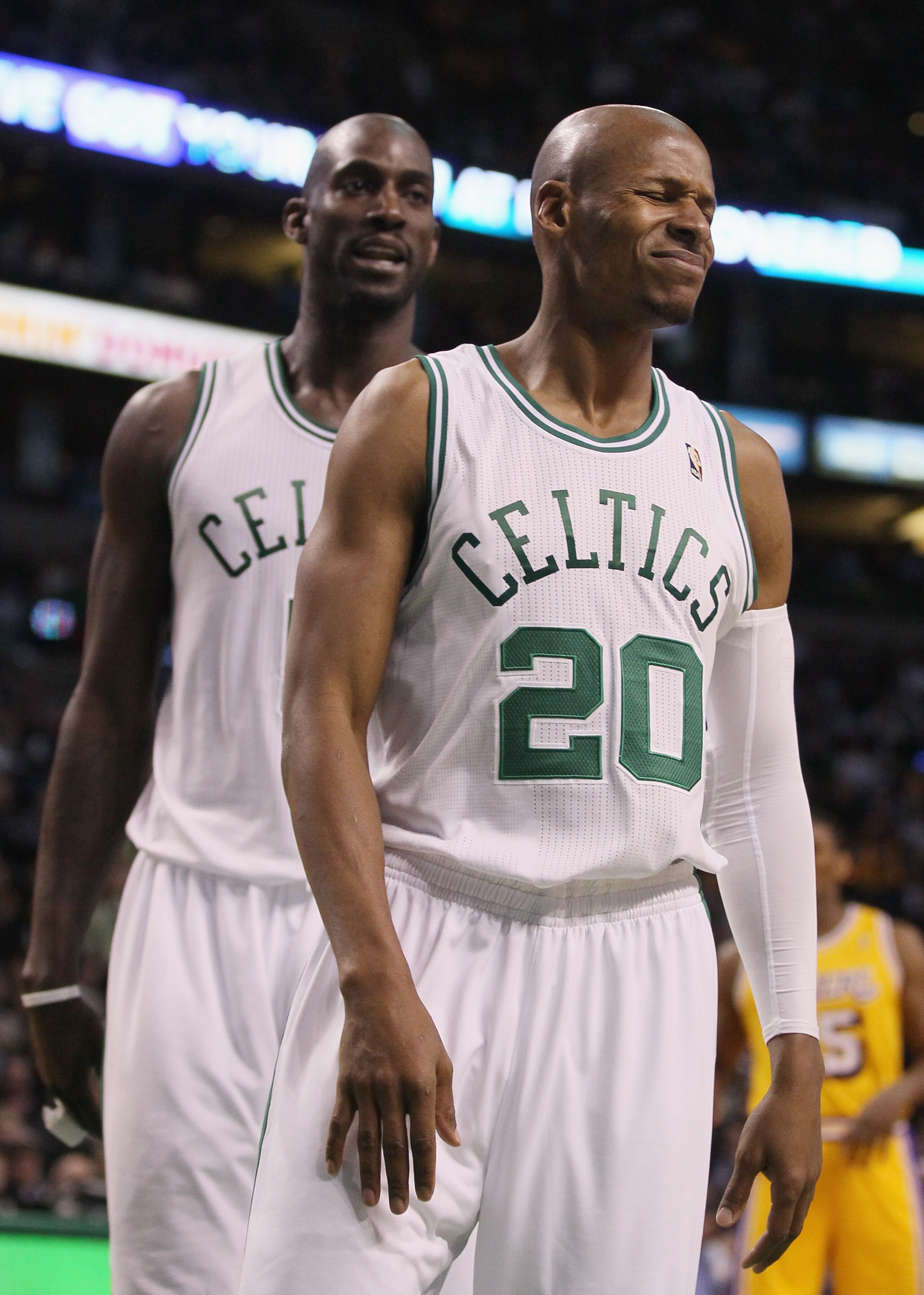 BOSTON, MA - FEBRUARY 10: Ray Allen #20 of the Boston Celtics reacts after he is called for a foul in the second half against the Los Angeles Lakers on February 10, 2011 at the TD Garden in Boston, Massachusetts. The Lakers defeated the Celtics 92-86. N BOSTON, MA - FEBRUARY 10: Ray Allen #20 of the Boston Celtics reacts after he is called for a foul in the second half against the Los Angeles Lakers on February 10, 2011 at the TD Garden in Boston, Massachusetts. The Lakers defeated the Celtics 92-86. N