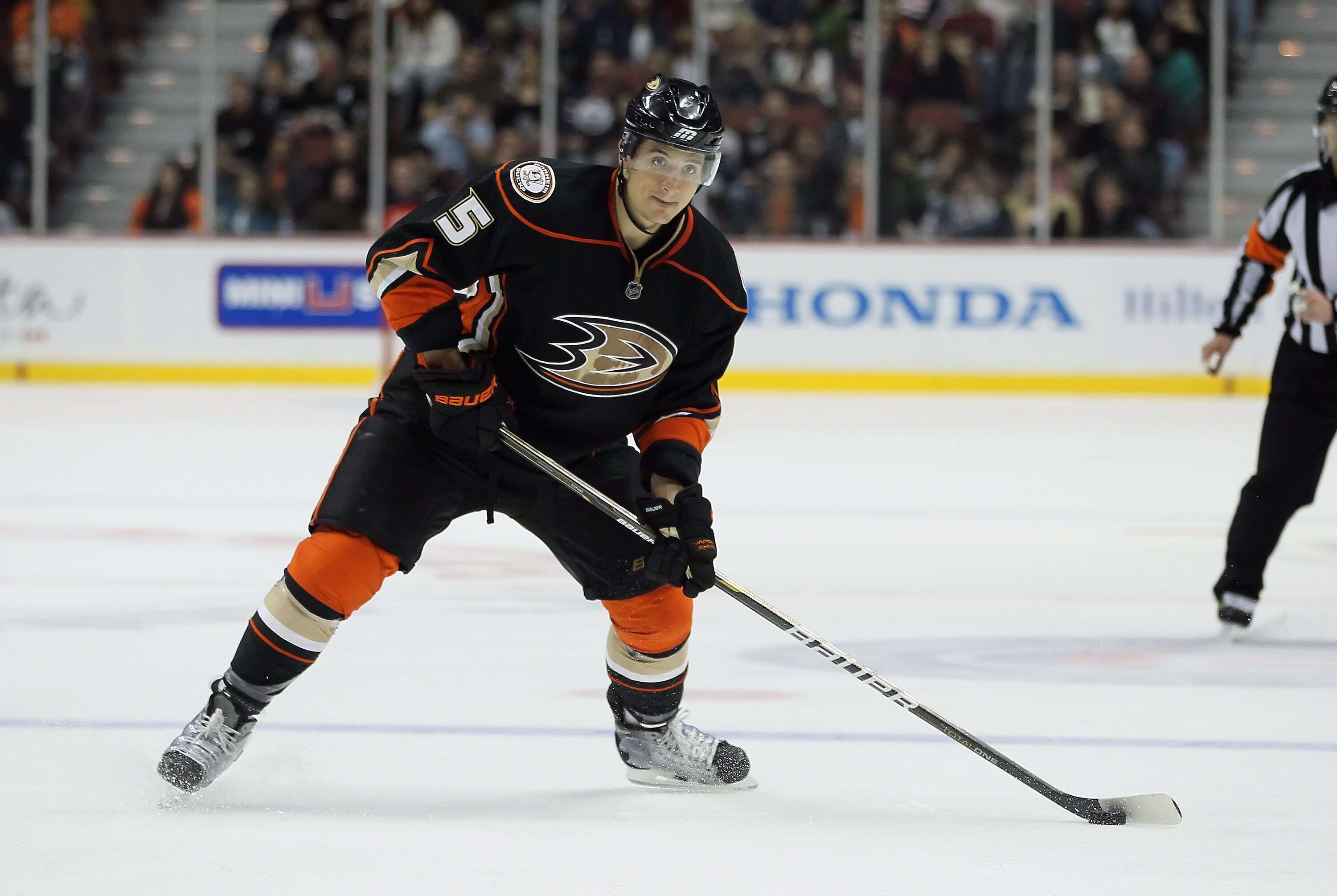 ANAHEIM, CA - JANUARY 16:  Luca Sbisa #5 of the Anaheim Ducks skates against the Edmonton Oilers at the Honda Center on January 16, 2011 in Anaheim, California.  (Photo by Jeff Gross/Getty Images)