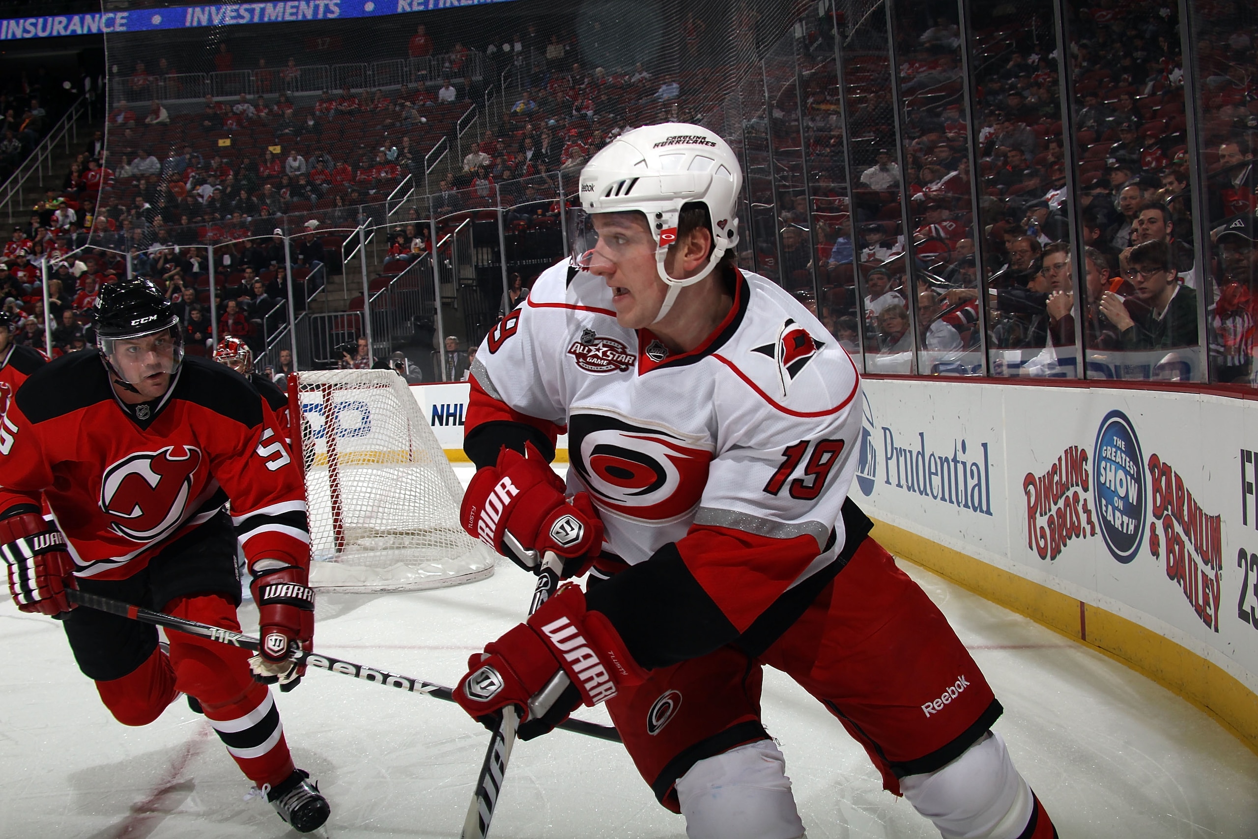 NEWARK, NJ - FEBRUARY 16: Jiri Tlusty #19 of the Carolina Hurricanes skates against the New Jersey Devils at the Prudential Center on February 16, 2011 in Newark, New Jersey.  (Photo by Bruce Bennett/Getty Images)