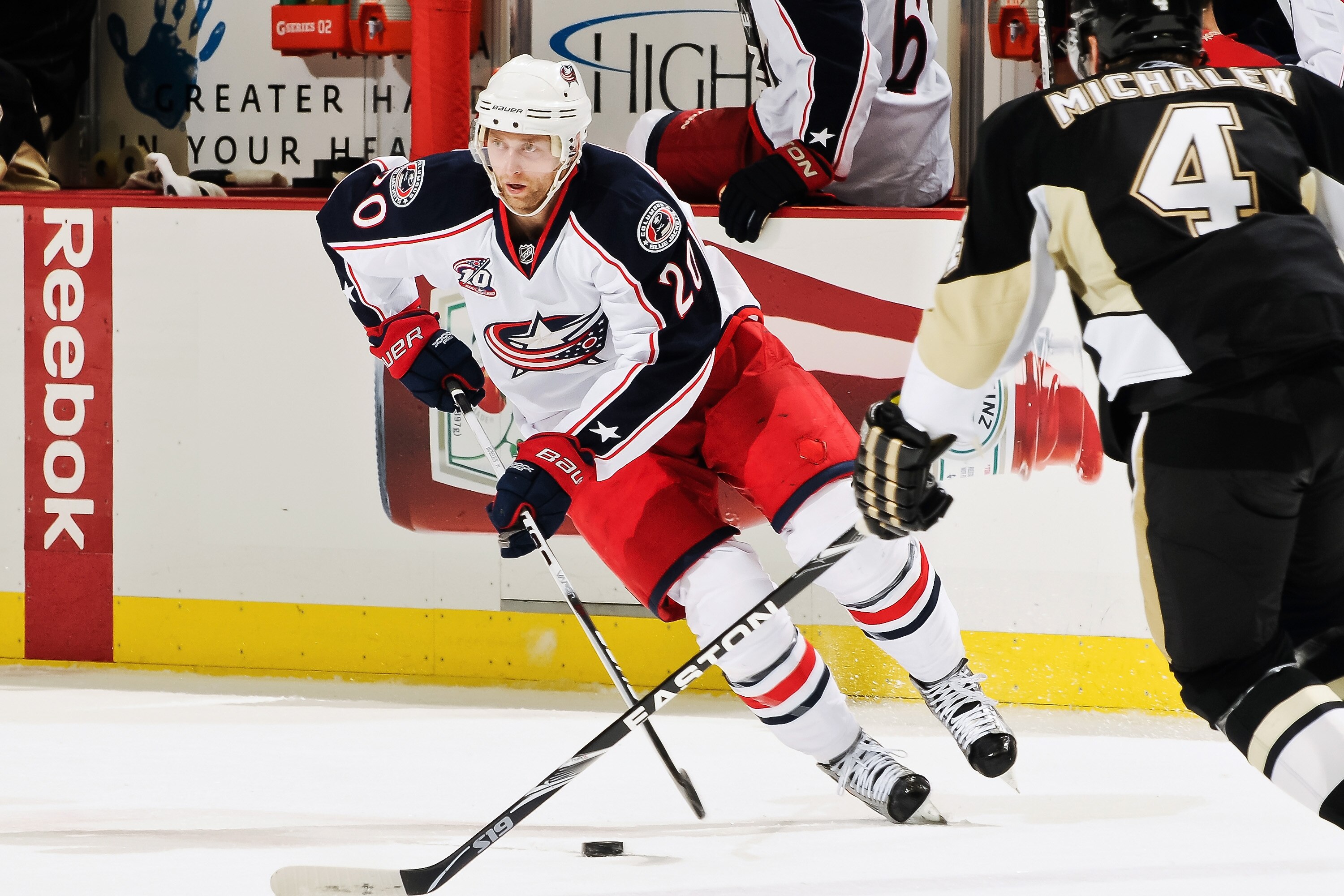 PITTSBURGH, PA - FEBRUARY 8:  Kristian Huselius #20 of the Columbus Blue Jackets skates with the puck against the Pittsburgh Penguins on February 8, 2011 at CONSOL Energy Center in Pittsburgh, Pennsylvania.  (Photo by Jamie Sabau/Getty Images)