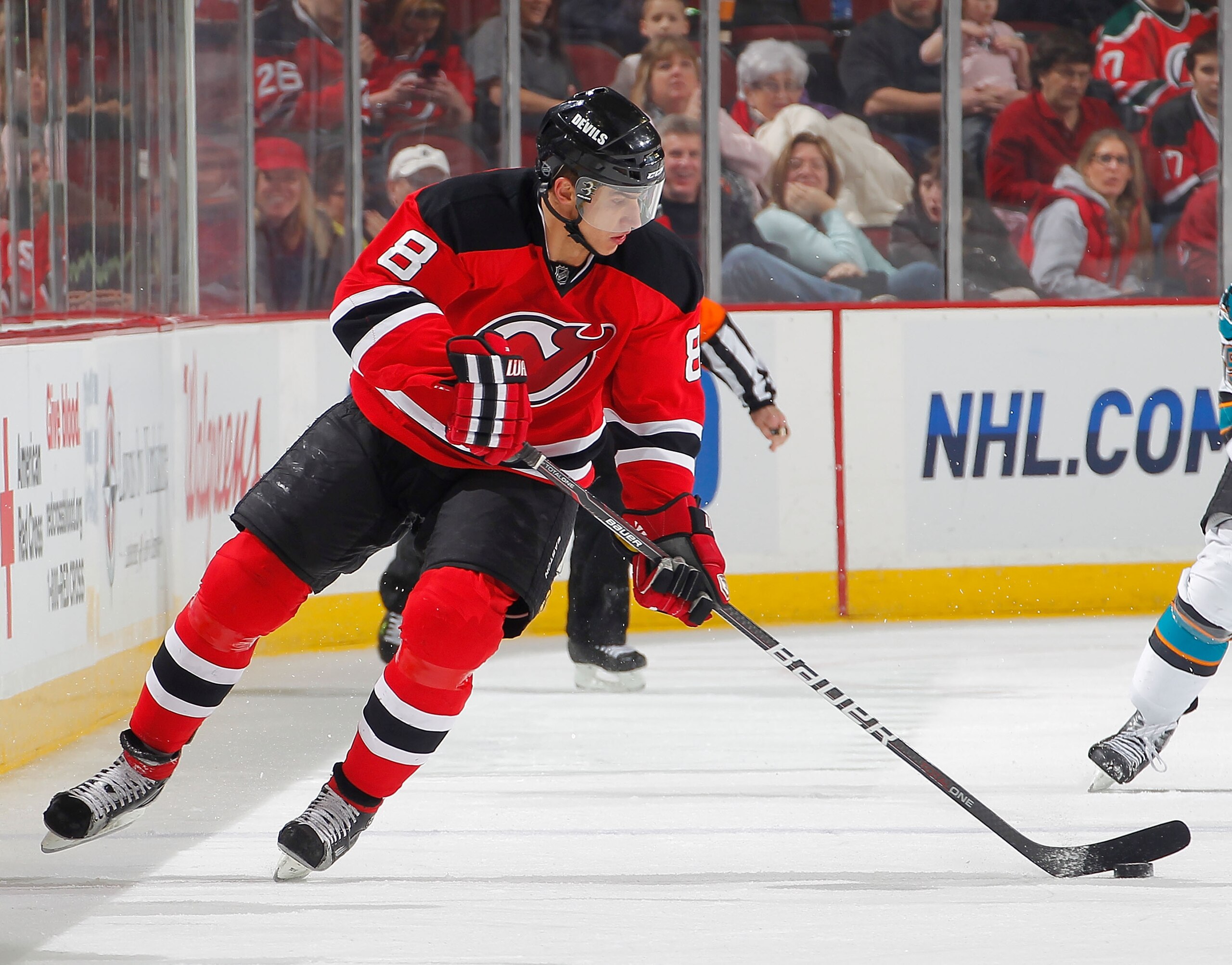 NEWARK, NJ - FEBRUARY 11: Dainius Zubrus #8 of the New Jersey Devils skates during an NHL hockey game against the San Jose Sharks on February 11, 2011 at the Prudential Center in Newark, New Jersey. (Photo by Paul Bereswill/Getty Images)