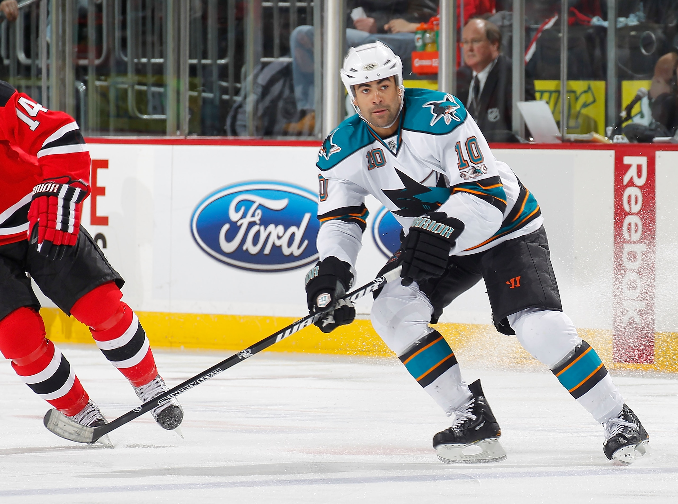 NEWARK, NJ - FEBRUARY 11: Jamal Mayers #10 of the San Jose Sharks skates during an NHL hockey game against the New Jersey Devils on February 11, 2011 at the Prudential Center in Newark, New Jersey. (Photo by Paul Bereswill/Getty Images)