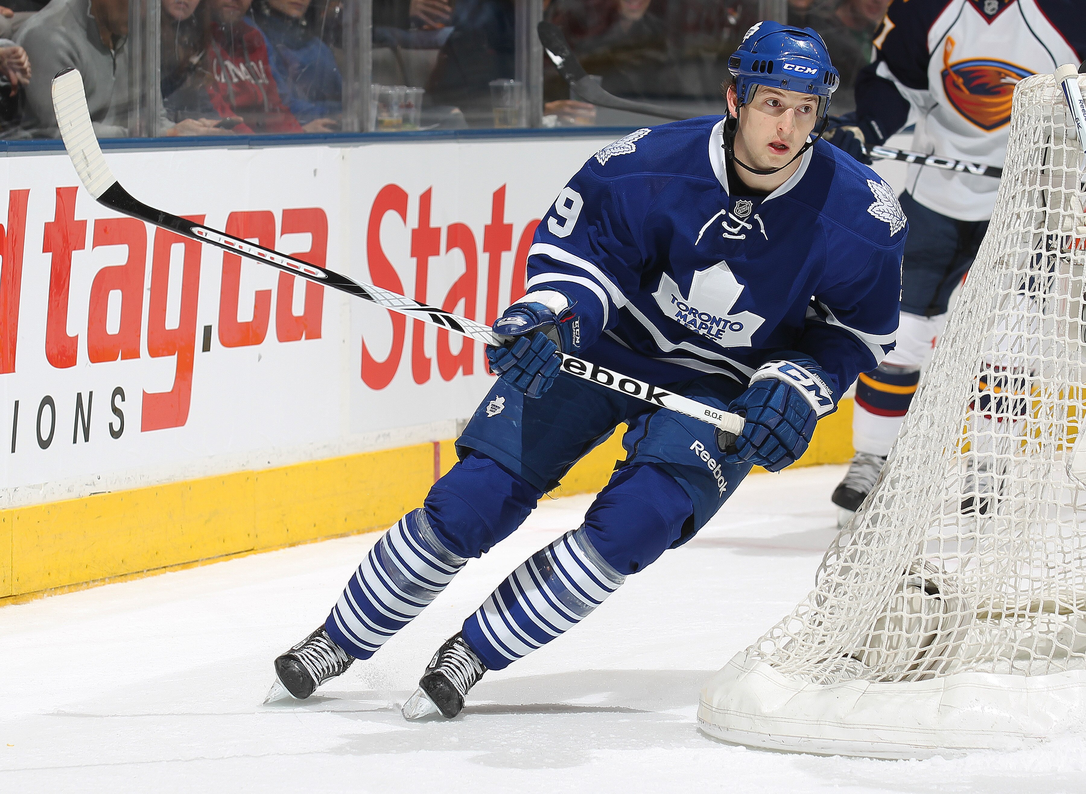 TORONTO, CAN - FEBRUARY 7:  Colby Armstrong #9 of the Toronto Maple Leafs skates in a game against the Atlanta Thrashers on February 7, 2011 at the Air Canada Centre in Toronto, Canada. The Leafs defeated the Thrashers 5-4. (Photo by Claus Andersen/Getty