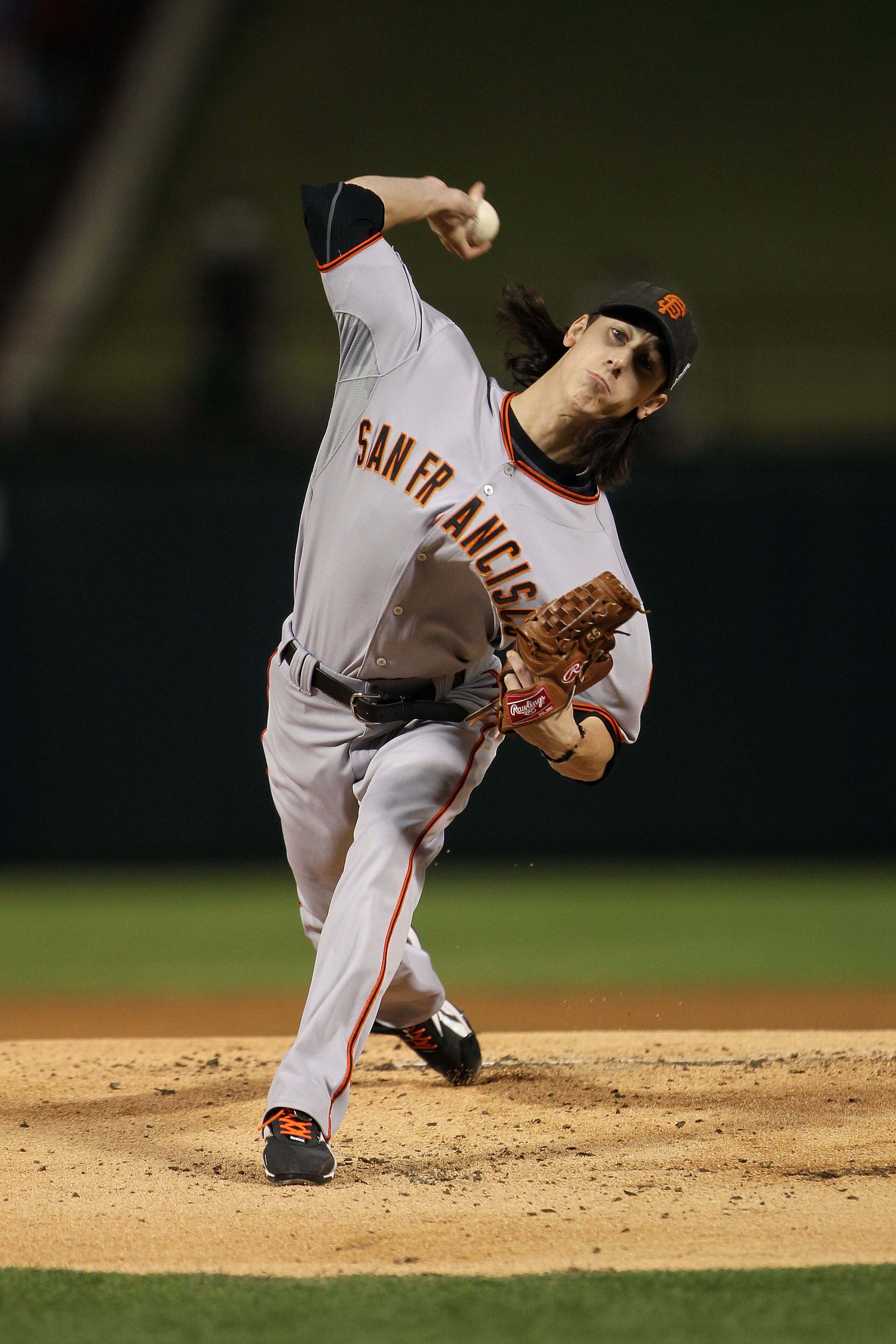 ARLINGTON, TX - NOVEMBER 01:  Starting pitcher Tim Lincecum #55 of the San Francisco Giants pitches against the Texas Rangers in Game Five of the 2010 MLB World Series at Rangers Ballpark in Arlington on November 1, 2010 in Arlington, Texas.  (Photo by Do