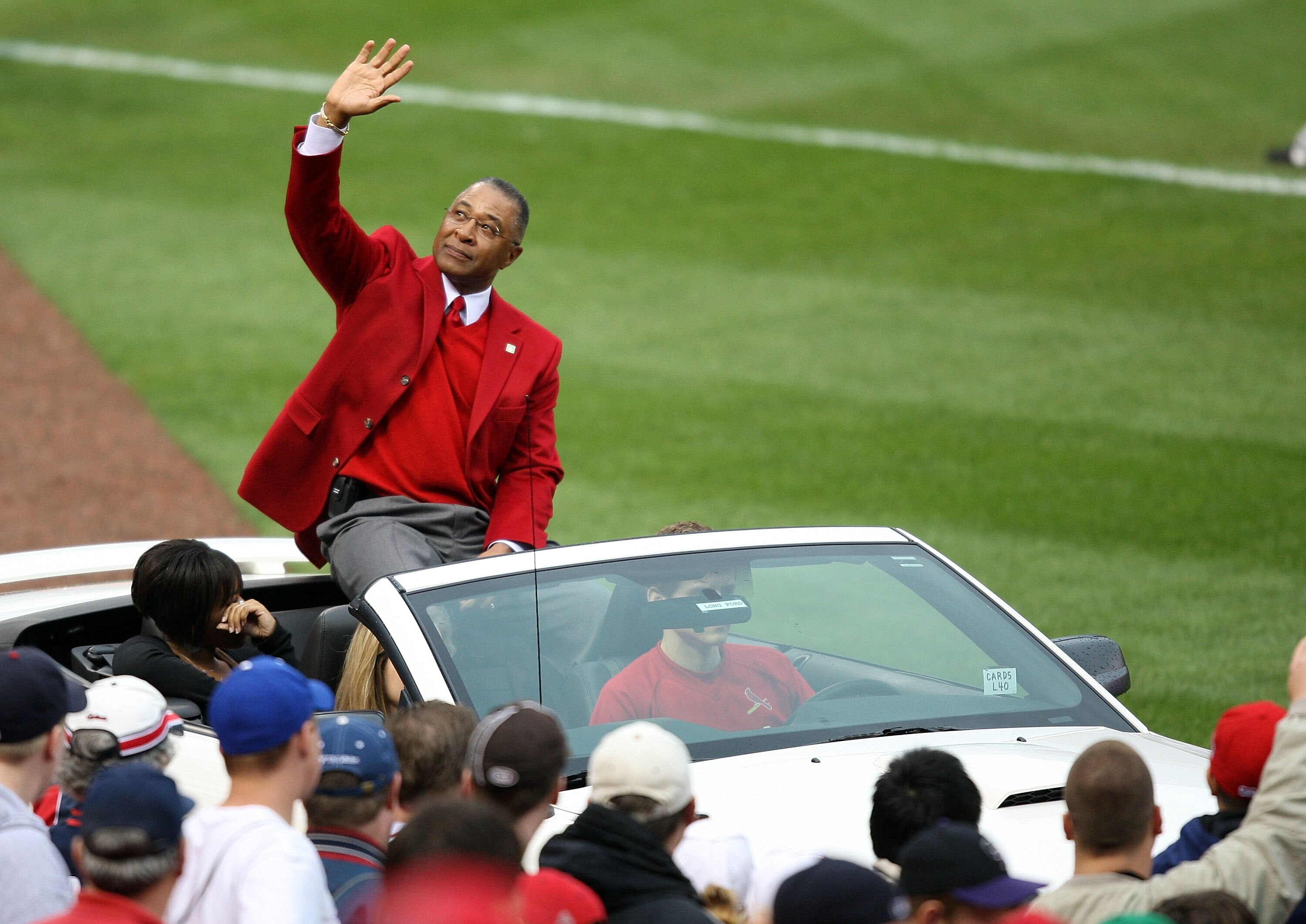 ST. LOUIS - MARCH 31:  Former St. Louis Cardinals shortstop Ozzie Smith waves to fans during the opening ceremony before the Cardinals were to take on the Colorado Rockies on opening day at Busch Stadium March 31, 2008 in St. Louis, Missouri.  (Photo by E