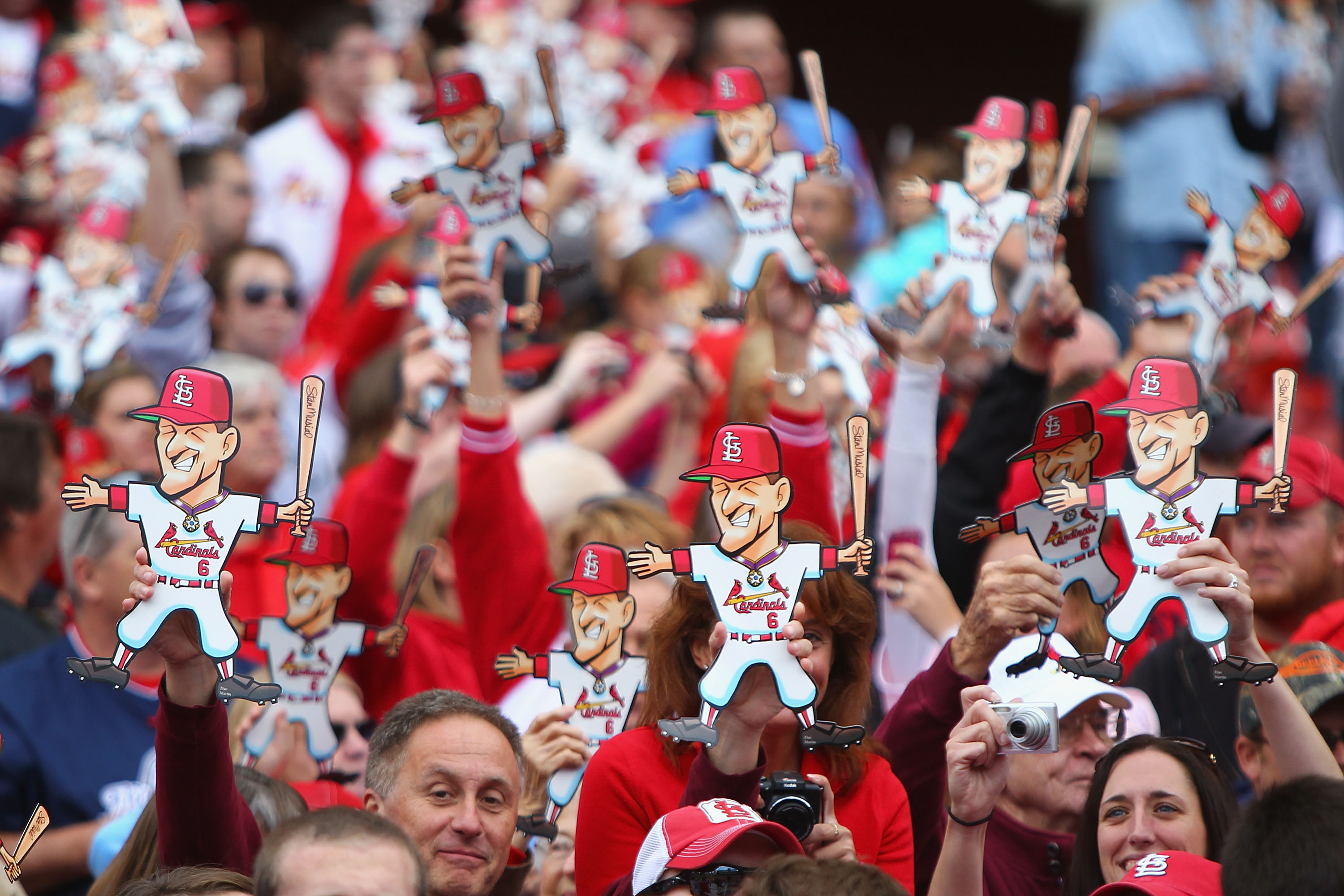 ST. LOUIS - OCTOBER 2: Fans show their support for former St. Louis Cardinals player Stan Musial in between innings as the St. Louis Cardinals play against the Colorado Rockies at Busch Stadium on October 2, 2010 in St. Louis, Missouri.  The The Cardinals