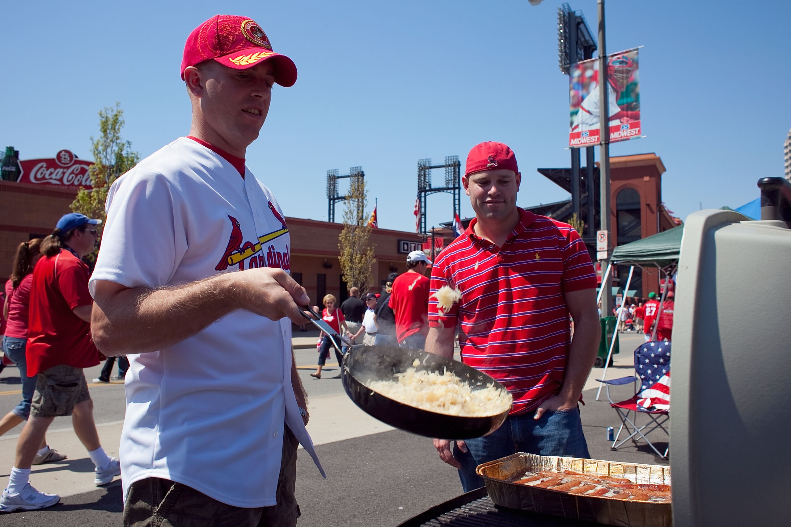 ST. LOUIS, MO - APRIL 12: Fans tailgate outside Busch Stadium prior to the St. Louis Cardinals playing against the Houston Astros in the home opener at Busch Stadium on April 12, 2010 in St. Louis, Missouri. (Photo by Dilip Vishwanat/Getty Images) ST. LOUIS, MO - APRIL 12: Fans tailgate outside Busch Stadium prior to the St. Louis Cardinals playing against the Houston Astros in the home opener at Busch Stadium on April 12, 2010 in St. Louis, Missouri. (Photo by Dilip Vishwanat/Getty Images)
