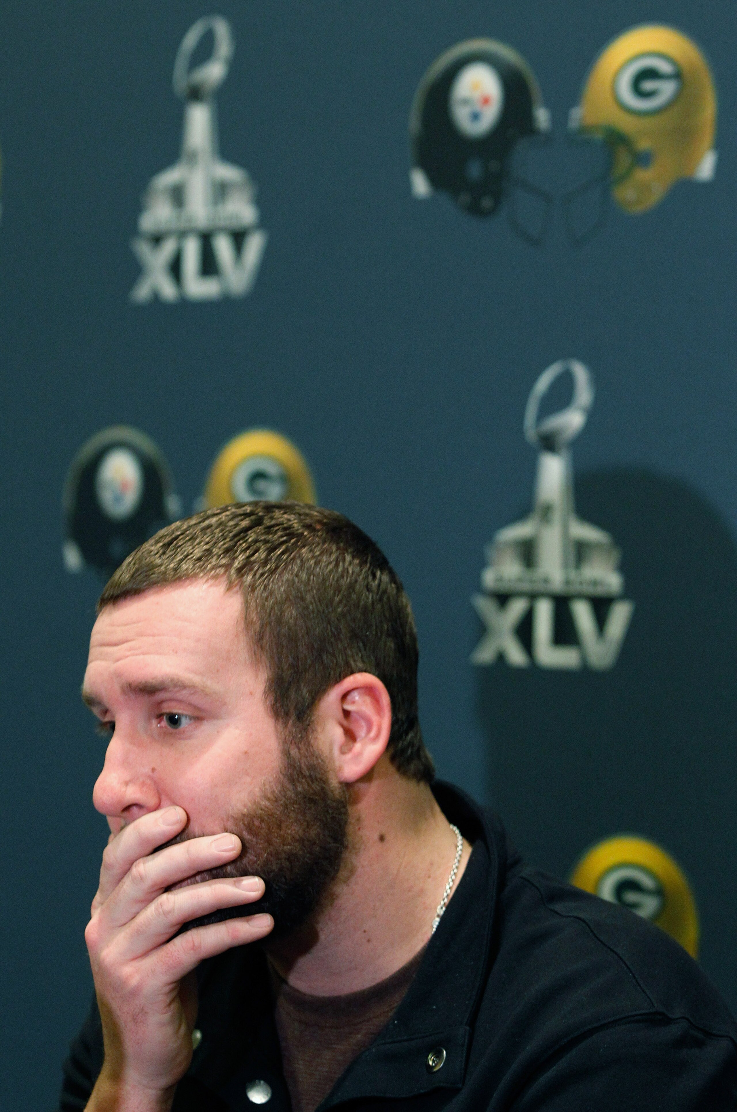 FORT WORTH, TX - JANUARY 31:  Quarterback Ben Roethlisberger #7 of the Pittsburgh Steelers talks with the media at the Omni Fort Worth Hotel on January 31, 2011 in Fort Worth, Texas. The Pittsburgh Steelers will play the Green Bay Packers in Super Bowl XL
