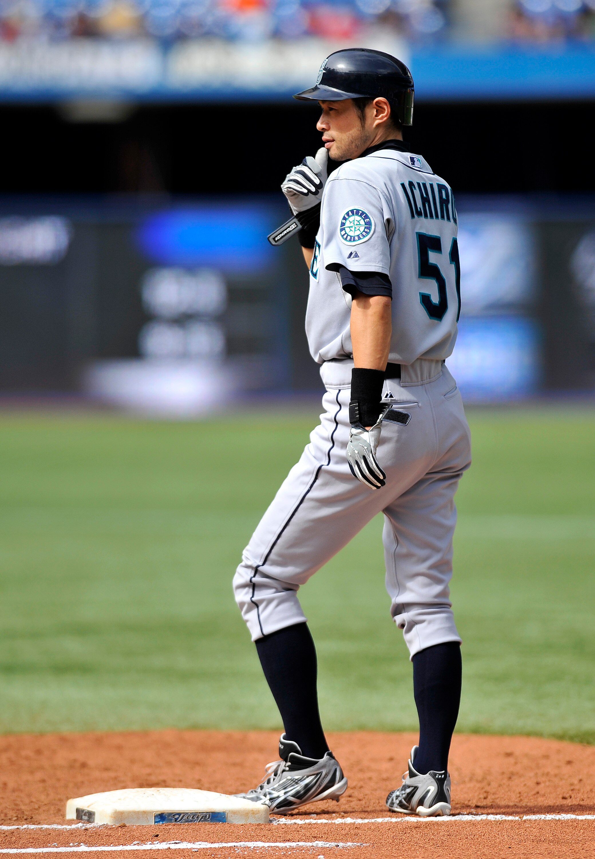 TORONTO - SEPTEMBER 23:   Ichiro Suzuki #51 of the Seattle Mariners stands at first base during the game against the Toronto Blue Jays on September 23, 2010 at Rogers Centre in Toronto, Ontario, Canada. The Blue Jays defeated the Mariners 1-0. (Photo by B