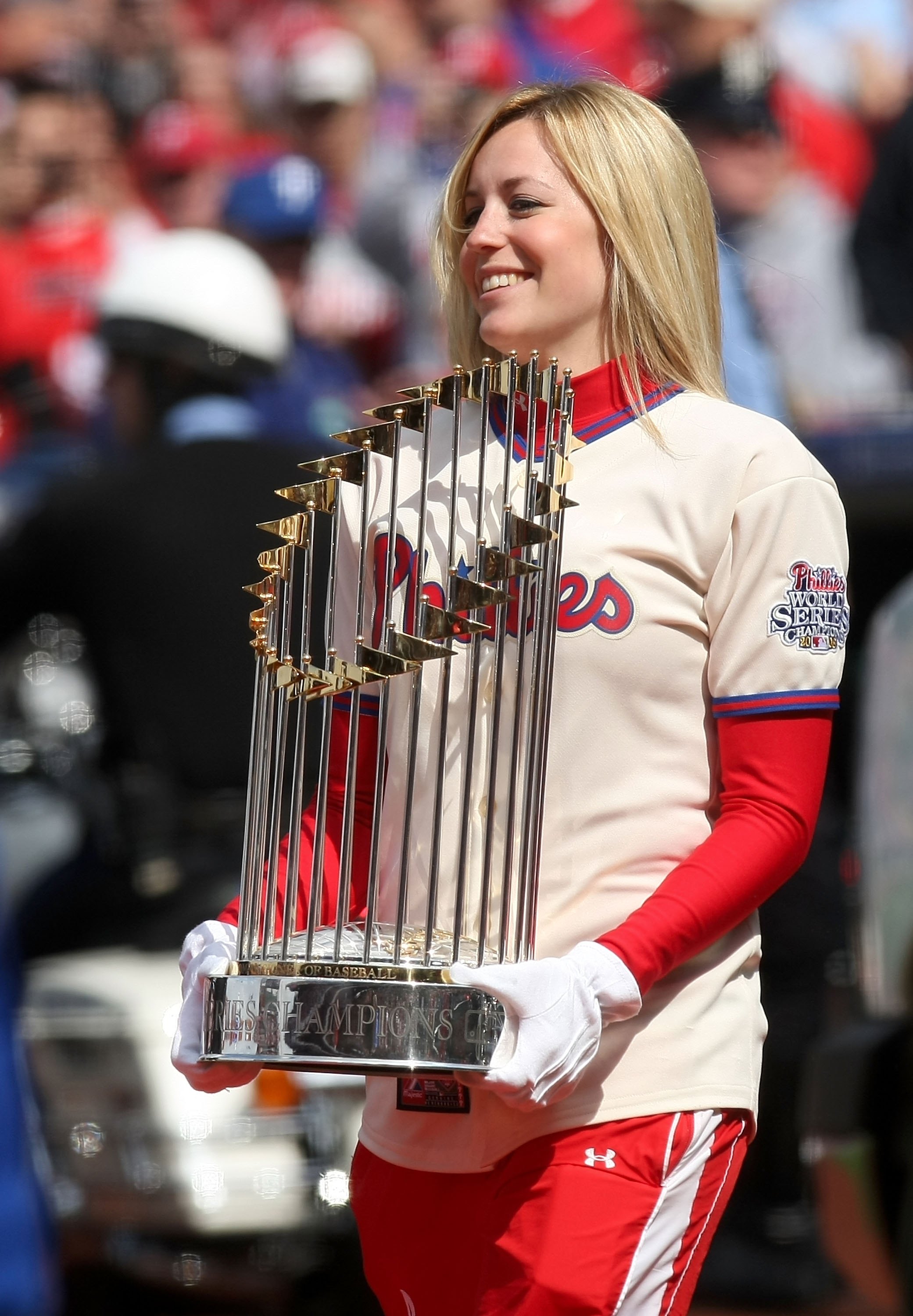 PHILADELPHIA - APRIL 08:  The World Series trophy is delivered to the field for the Ring Ceremony prior to the game between the Atlanta Braves and the Philadelphia Phillies at Citizens Bank Park on April 8, 2009 in Philadelphia, Pennsylvania.  (Photo by N