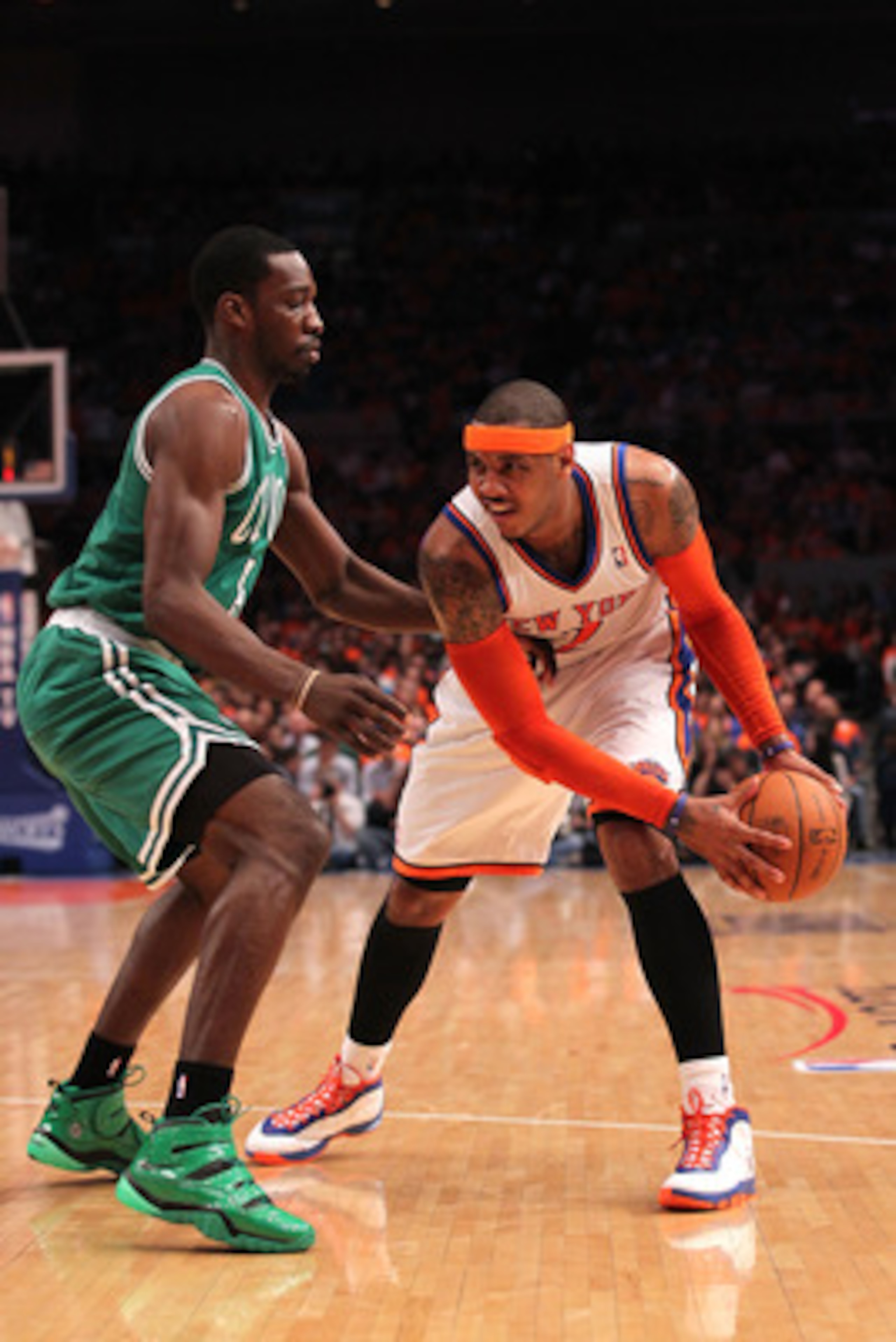NEW YORK, NY - APRIL 24:  Carmelo Anthony #7 of the New York Knicks looks to pass against Jeff Green #8 of the Boston Celtics in Game Four of the Eastern Conference Quarterfinals during the 2011 NBA Playoffs on April 24, 2011 at Madison Square Garden in N