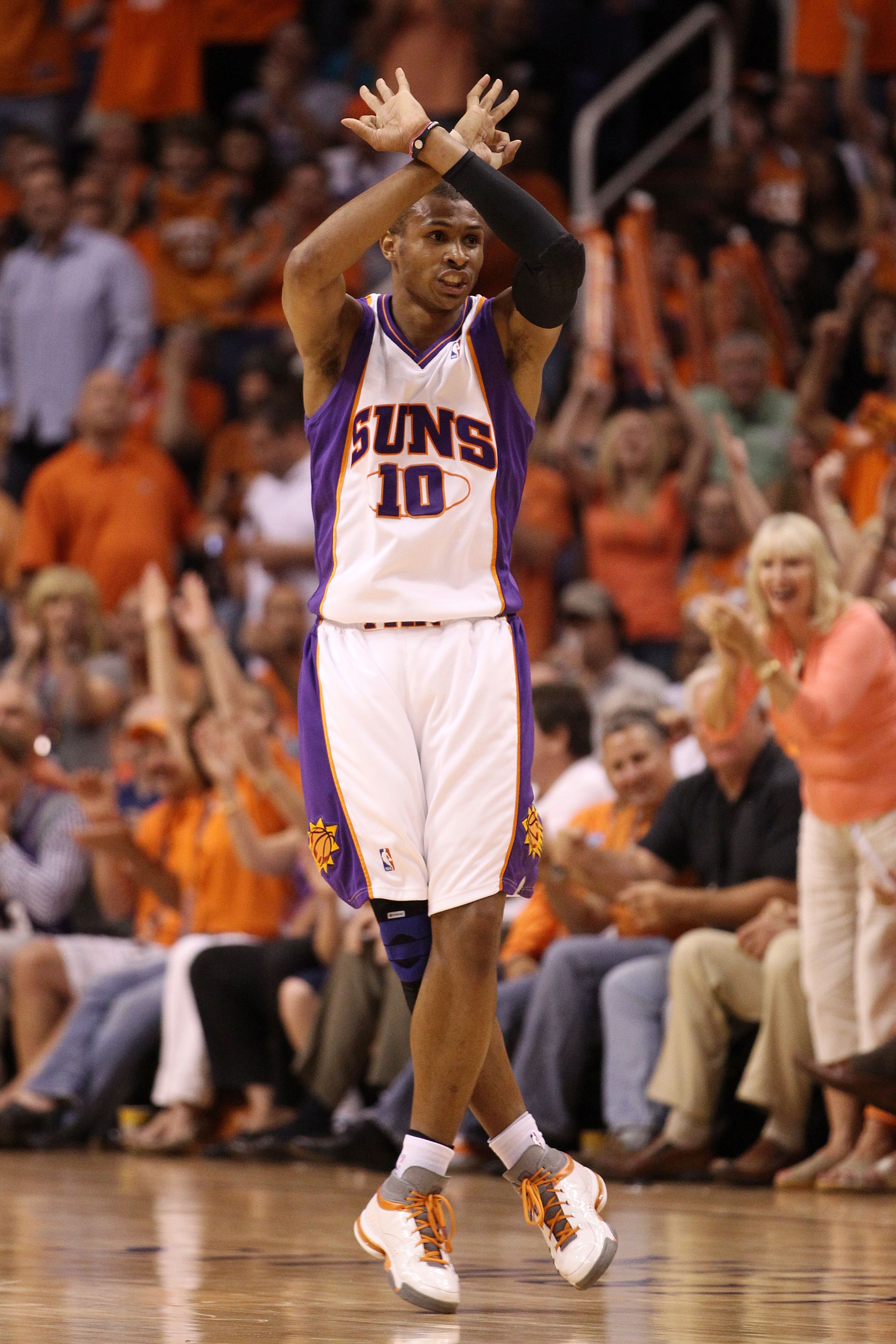 PHOENIX - MAY 25:  Leandro Barbosa #10 of the Phoenix Suns reacts after making a three point basket against the Los Angeles Lakers in the second quarter of Game Four of the Western Conference Finals during the 2010 NBA Playoffs at US Airways Center on May
