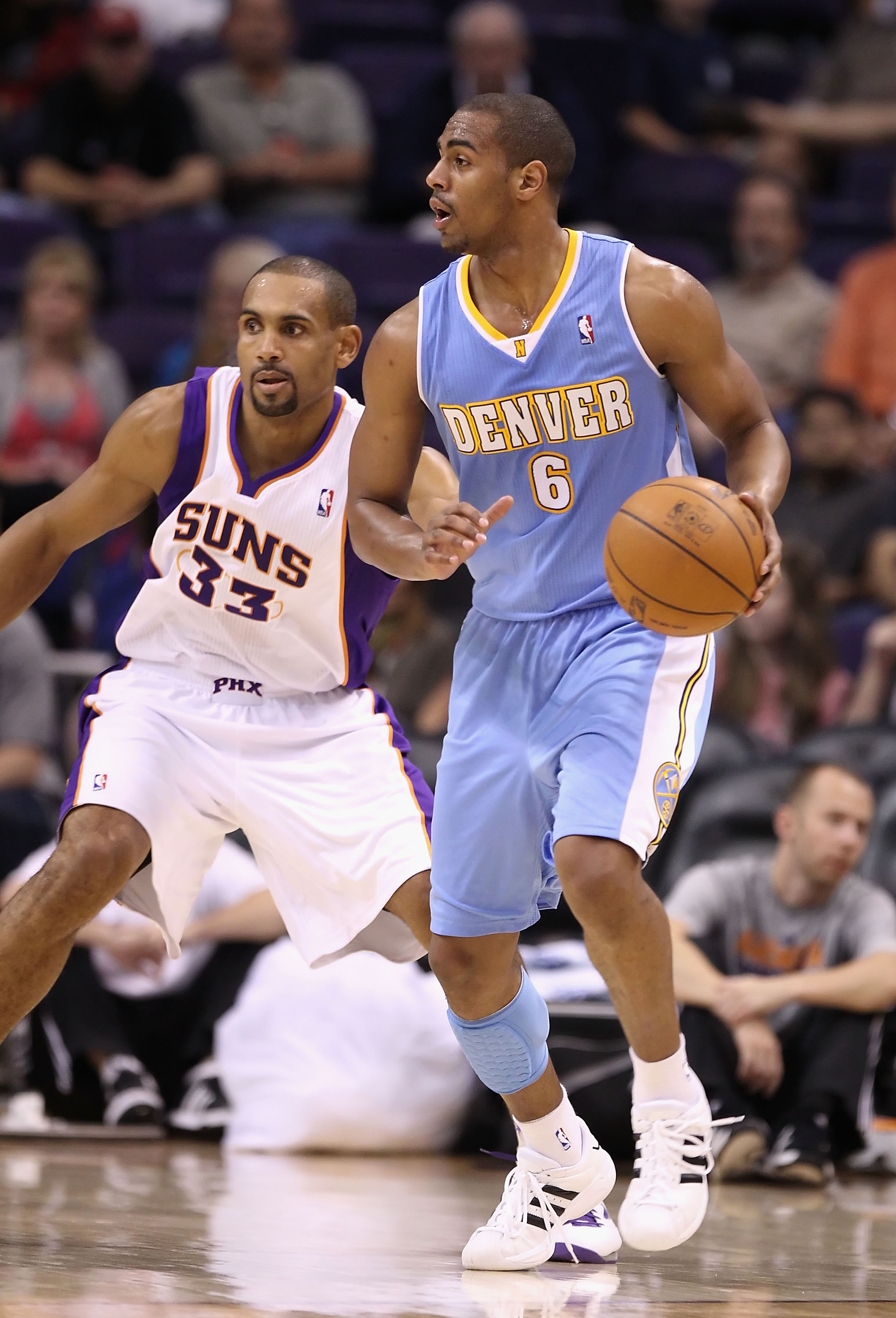 PHOENIX - OCTOBER 22:  Arron Afflalo #6 of the Denver Nuggets handles the ball during the preseason NBA game against the Phoenix Suns at US Airways Center on October 22, 2010 in Phoenix, Arizona. NOTE TO USER: User expressly acknowledges and agrees that,