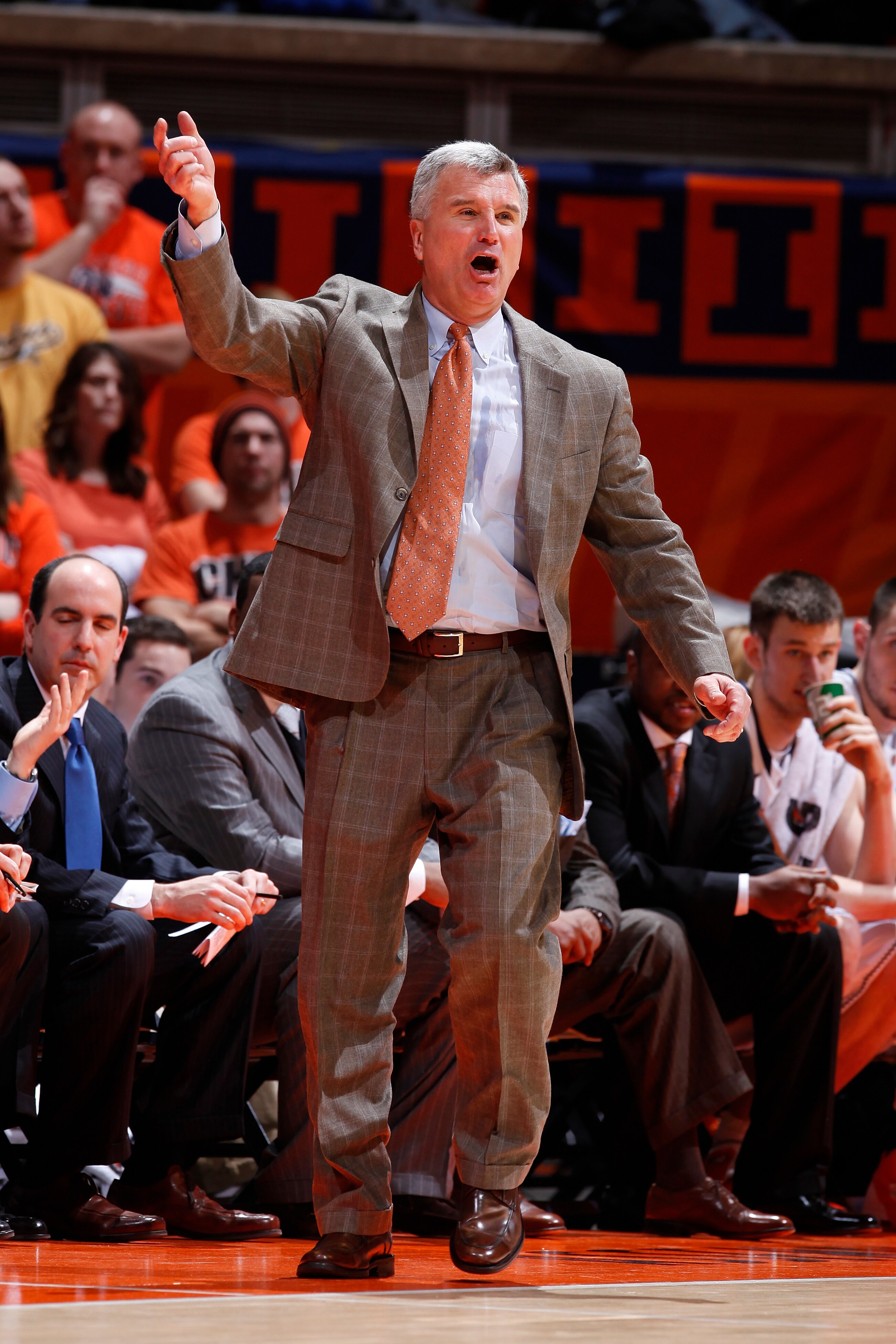 CHAMPAIGN, IL - FEBRUARY 13: Head coach Bruce Weber of the Illinois Fighting Illini argues with a call during the game against the Purdue Boilermakers at Assembly Hall on February 13, 2011 in Champaign, Illinois. Purdue defeated Illinois 81-70. (Photo by
