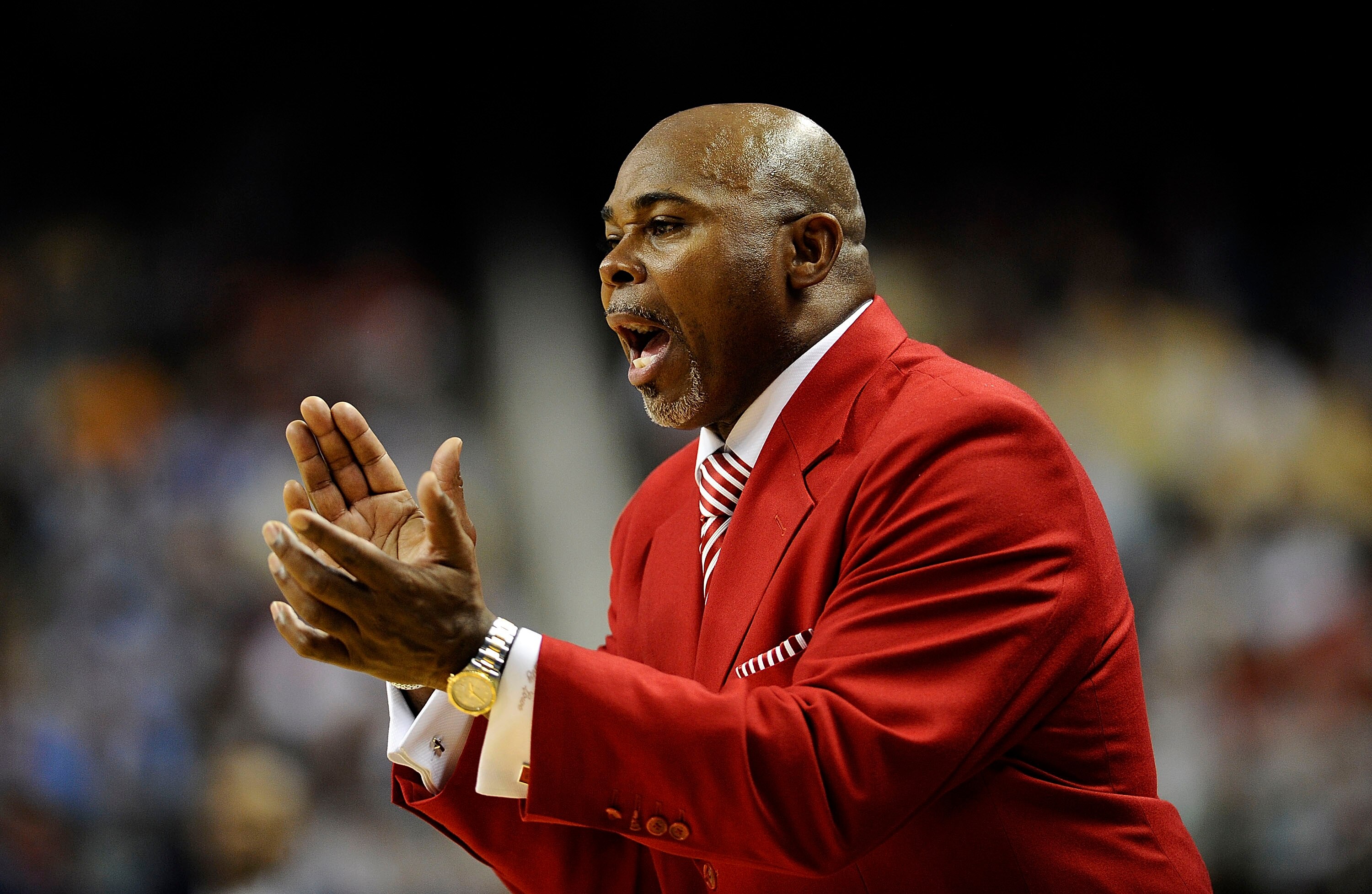GREENSBORO, NC - MARCH 13:  Sidney Lowe, head coach of the North Carolina State Wolfpack coaches against the Georgia Tech Yellow Jackets in their semifinal game in the 2010 ACC Men's Basketball Tournament at the Greensboro Coliseum on on March 13, 2010 in