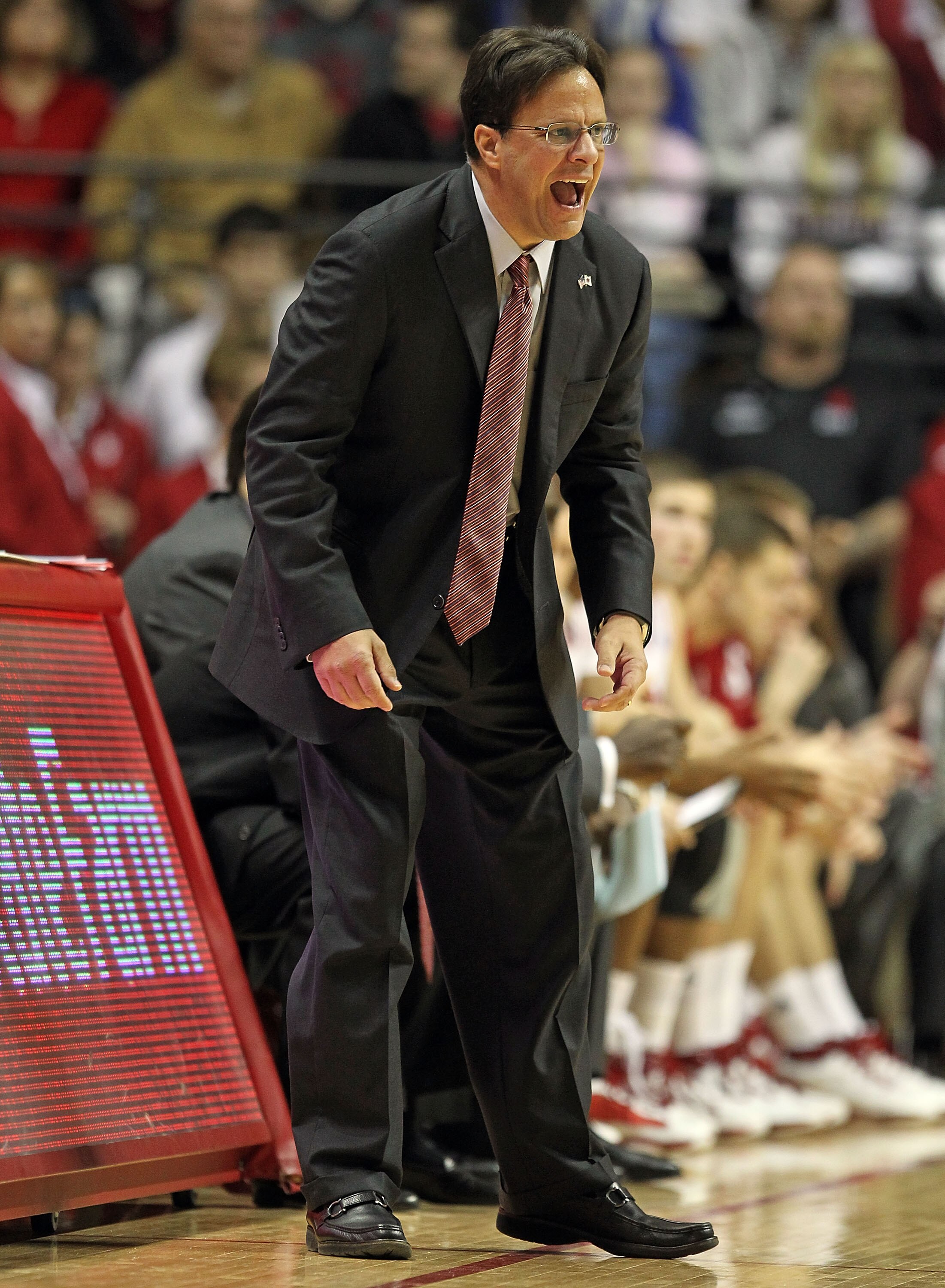 BLOOMINGTON, IN - DECEMBER 27:  Tom Crean the Head Coach of the Indiana Hoosiers gives instructions to his team during the Big Ten Conference game against the Penn State Nittany Lions on December 27, 2010 at Assembly Hall in Bloomington, Indiana.  (Photo