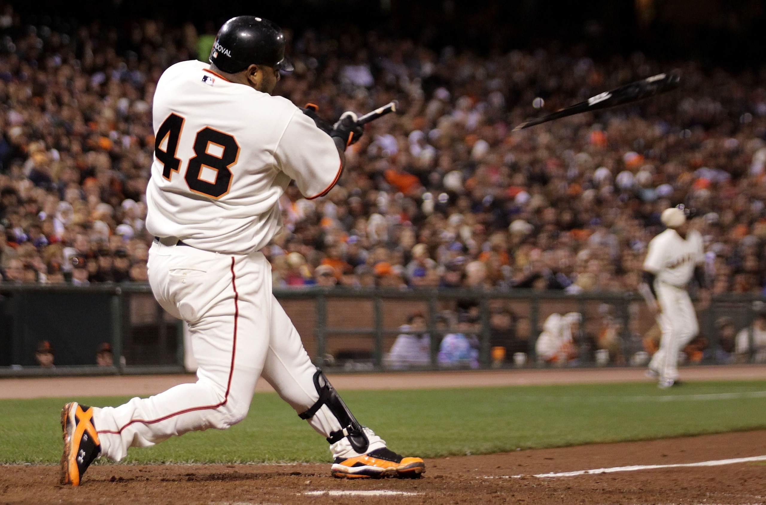 SAN FRANCISCO - SEPTEMBER 14: Pablo Sandoval #48 of the San Francisco Giants breaks his bat as he grounds out in the eighth inning against the Los Angeles Dodgers during a Major League Baseball game at AT&T Park on September 14, 2010 in San Francisco, Ca SAN FRANCISCO - SEPTEMBER 14: Pablo Sandoval #48 of the San Francisco Giants breaks his bat as he grounds out in the eighth inning against the Los Angeles Dodgers during a Major League Baseball game at AT&T Park on September 14, 2010 in San Francisco, Ca