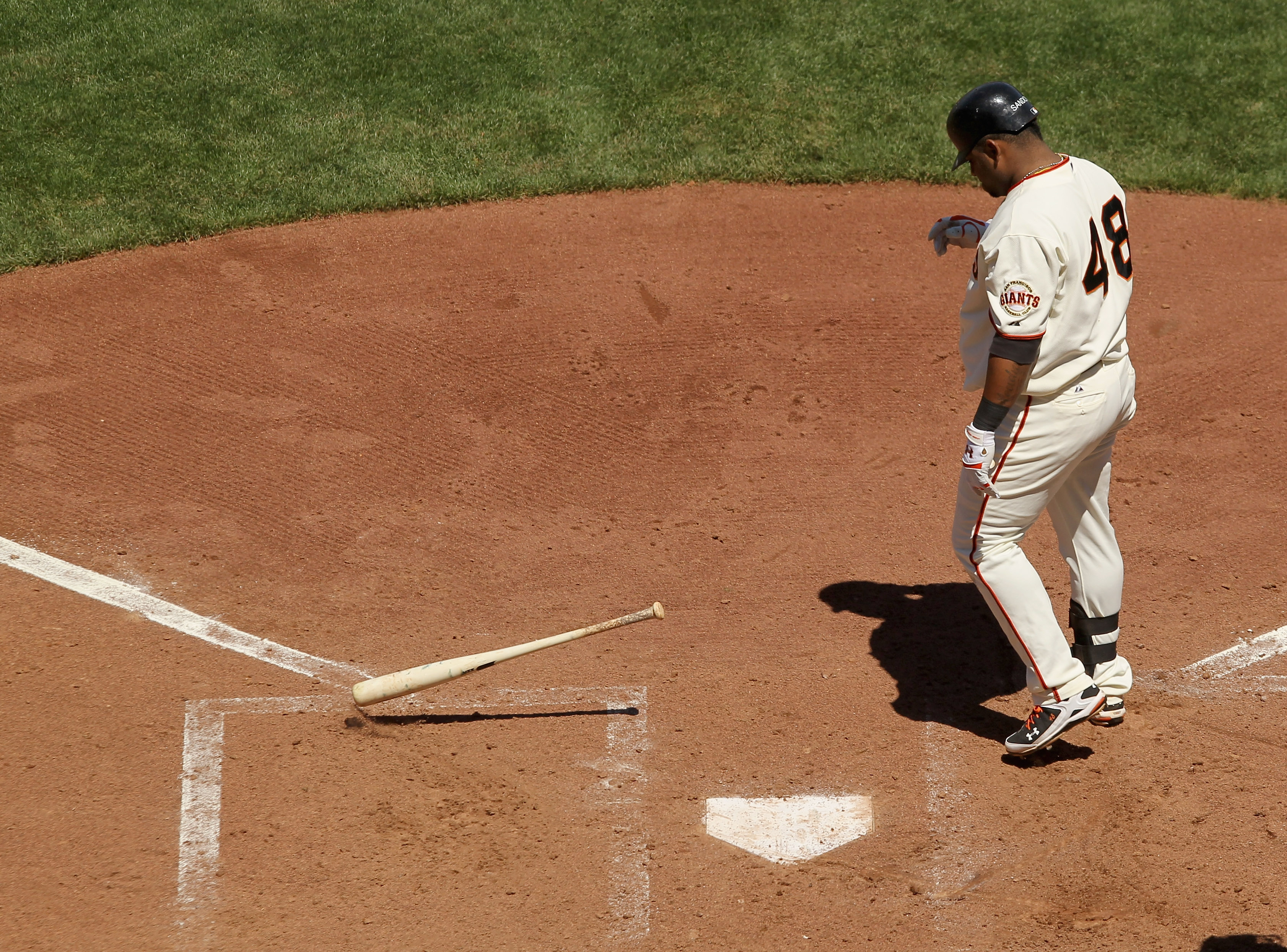 SAN FRANCISCO - MAY 30:  Pablo Sandoval #48 of the San Francisco Giants tosses down his bat after striking out to end the fifth inning of their game against the Arizona Diamondbacks at AT&T Park on May 30, 2010 in San Francisco, California.  (Photo by Ezr