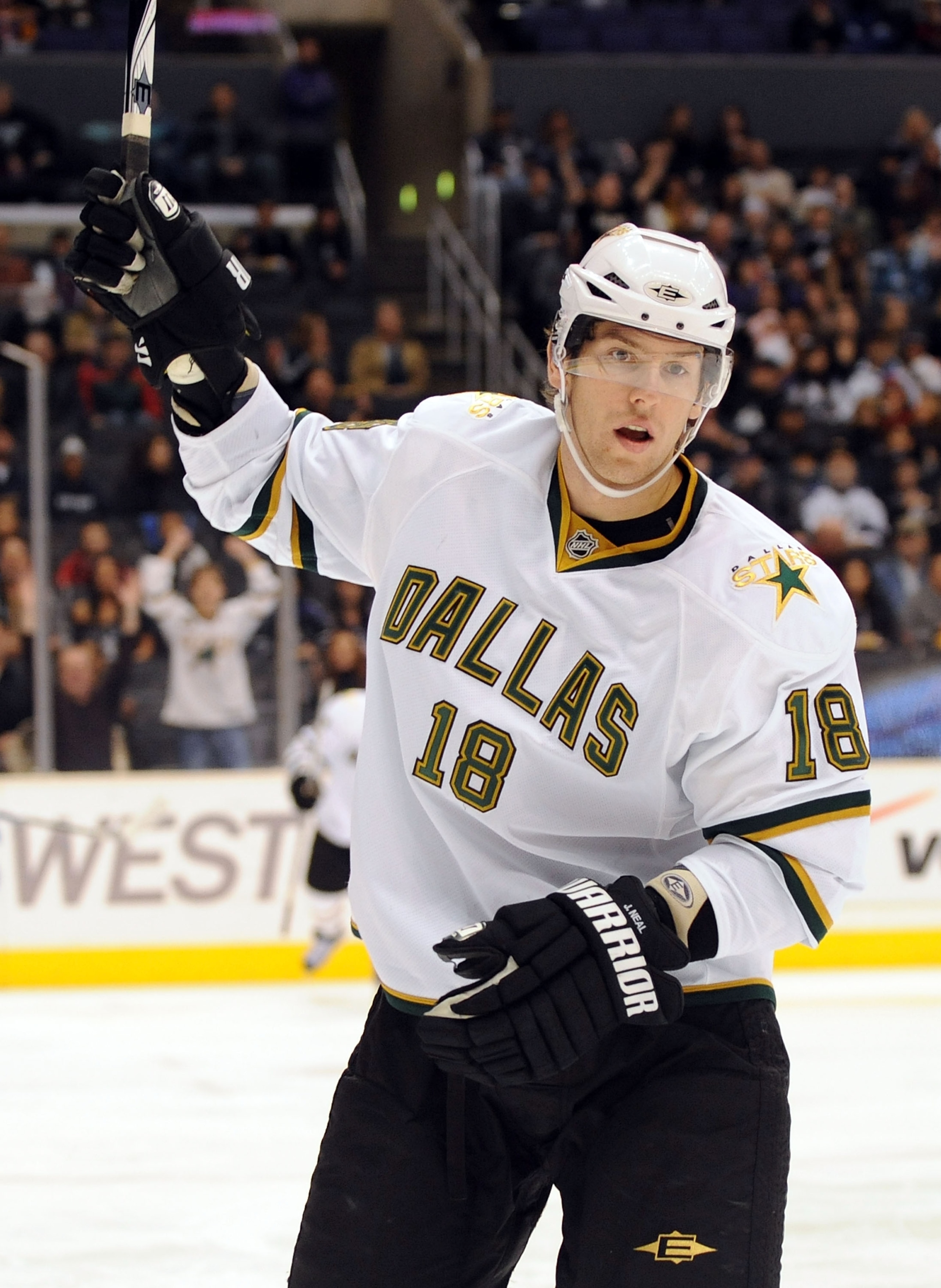 LOS ANGELES, CA - DECEMBER 12:  James Neal #18 of the Dallas Stars celebrates his goal for a 1-0 lead over the Los Angeles Kings during the first period at the Staples Center on December 12, 2009 in Los Angeles, California.  (Photo by Harry How/Getty Imag