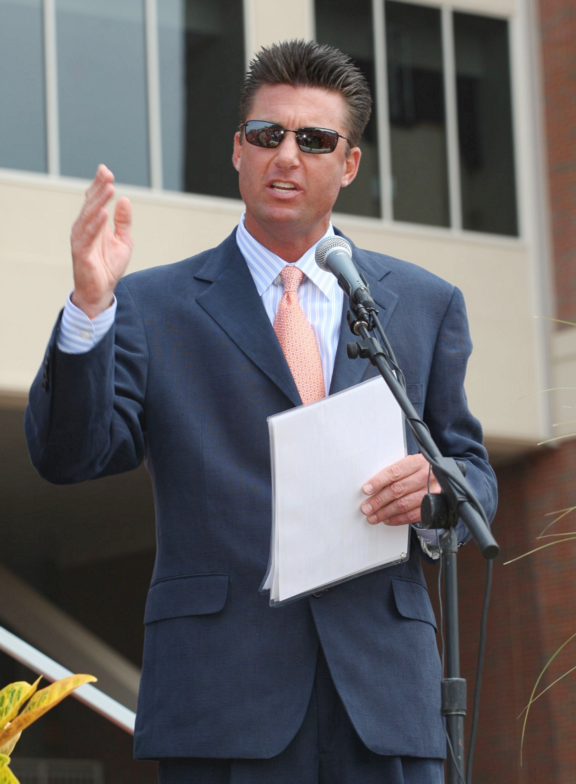 STILLWATER, OK - SEPTEMBER 5:  Head coach Mike Gundy of the Oklahoma State Cowboys speaks at the dedication of the Boone Pickens Stadium before his team takes on the Georgia Bulldogs on September 5, 2009 in Stillwater, Oklahoma. (Photo by Christian Peters