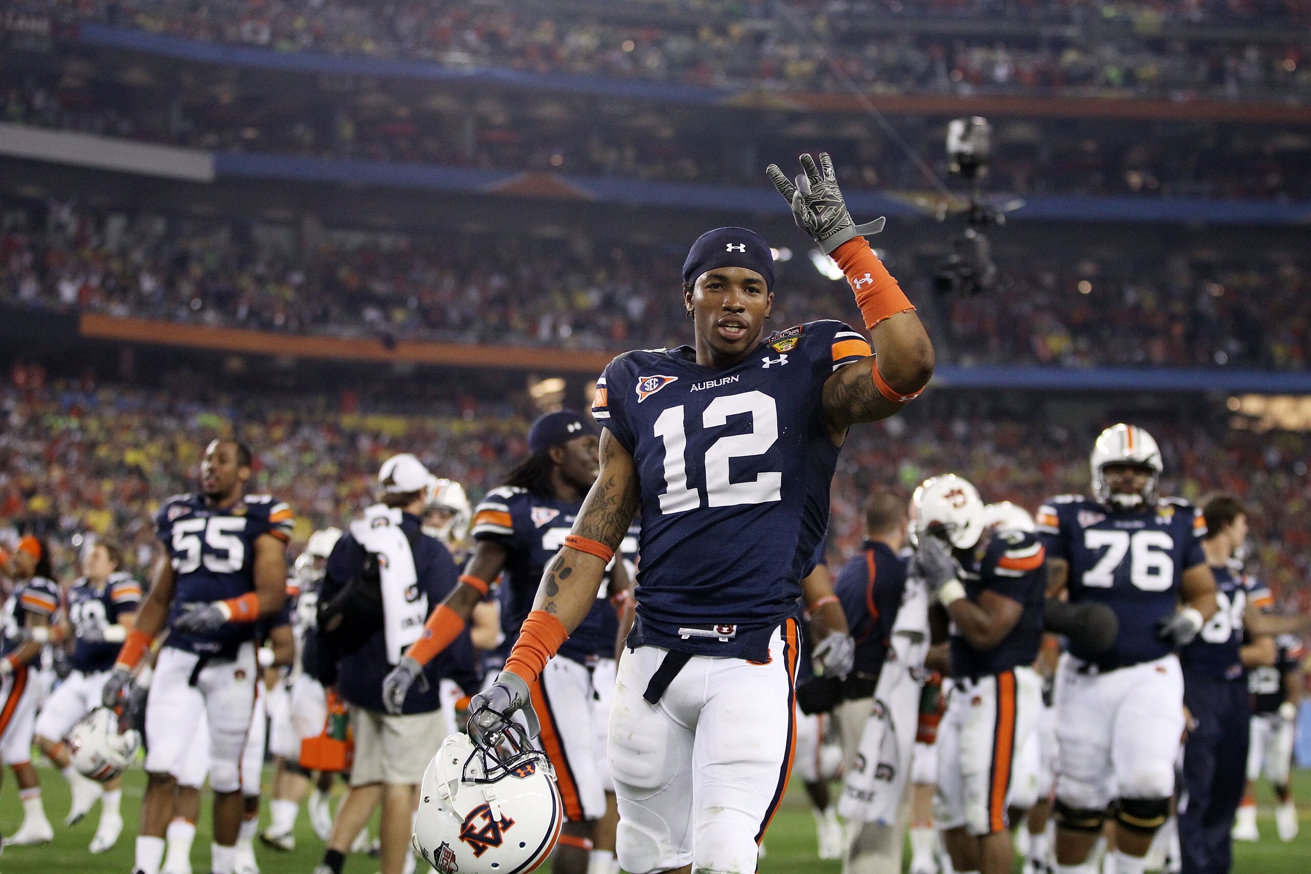 GLENDALE, AZ - JANUARY 10:  Demetruce McNeal #12 of the Auburn Tigers gestures against the Auburn Tigers the Tostitos BCS National Championship Game against the Oregon Ducks at University of Phoenix Stadium on January 10, 2011 in Glendale, Arizona.  (Phot