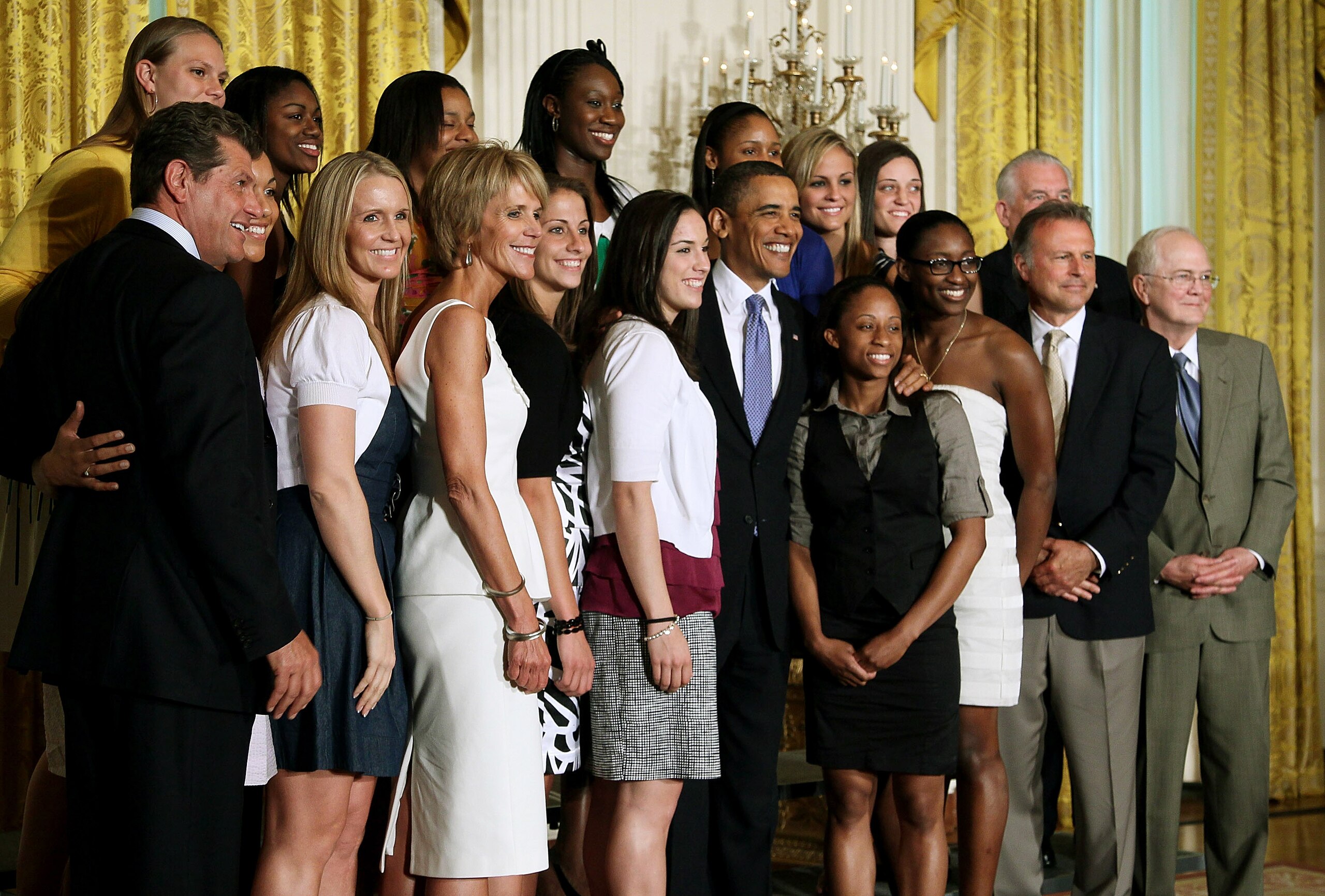 WASHINGTON - MAY 17:  U.S. President Barack Obama (C) poses for a picture with the NCAA champion University of Connecticut womenï¿½s basketball team during a ceremony in the East Room at the White House on May 17, 2010 in Washington, DC. The Huskies were in