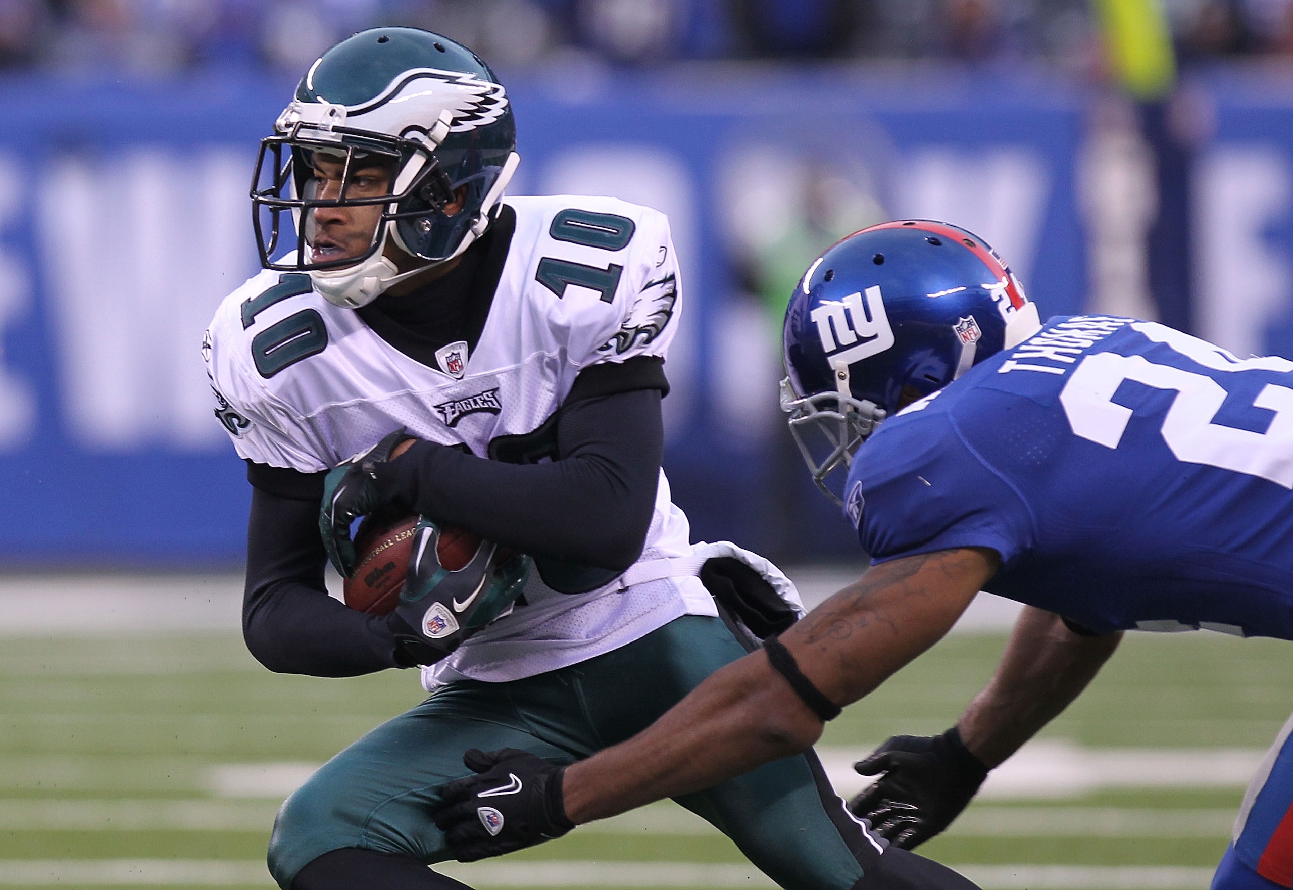 EAST RUTHERFORD, NJ - DECEMBER 19: DeSean Jackson #10 of the Philadelphia Eagles eludes the tackle of Terrell Thomas #24 of the New York Giants at New Meadowlands Stadium on December 19, 2010 in East Rutherford, New Jersey. (Photo by Nick Laham/Getty Im EAST RUTHERFORD, NJ - DECEMBER 19: DeSean Jackson #10 of the Philadelphia Eagles eludes the tackle of Terrell Thomas #24 of the New York Giants at New Meadowlands Stadium on December 19, 2010 in East Rutherford, New Jersey. (Photo by Nick Laham/Getty Im