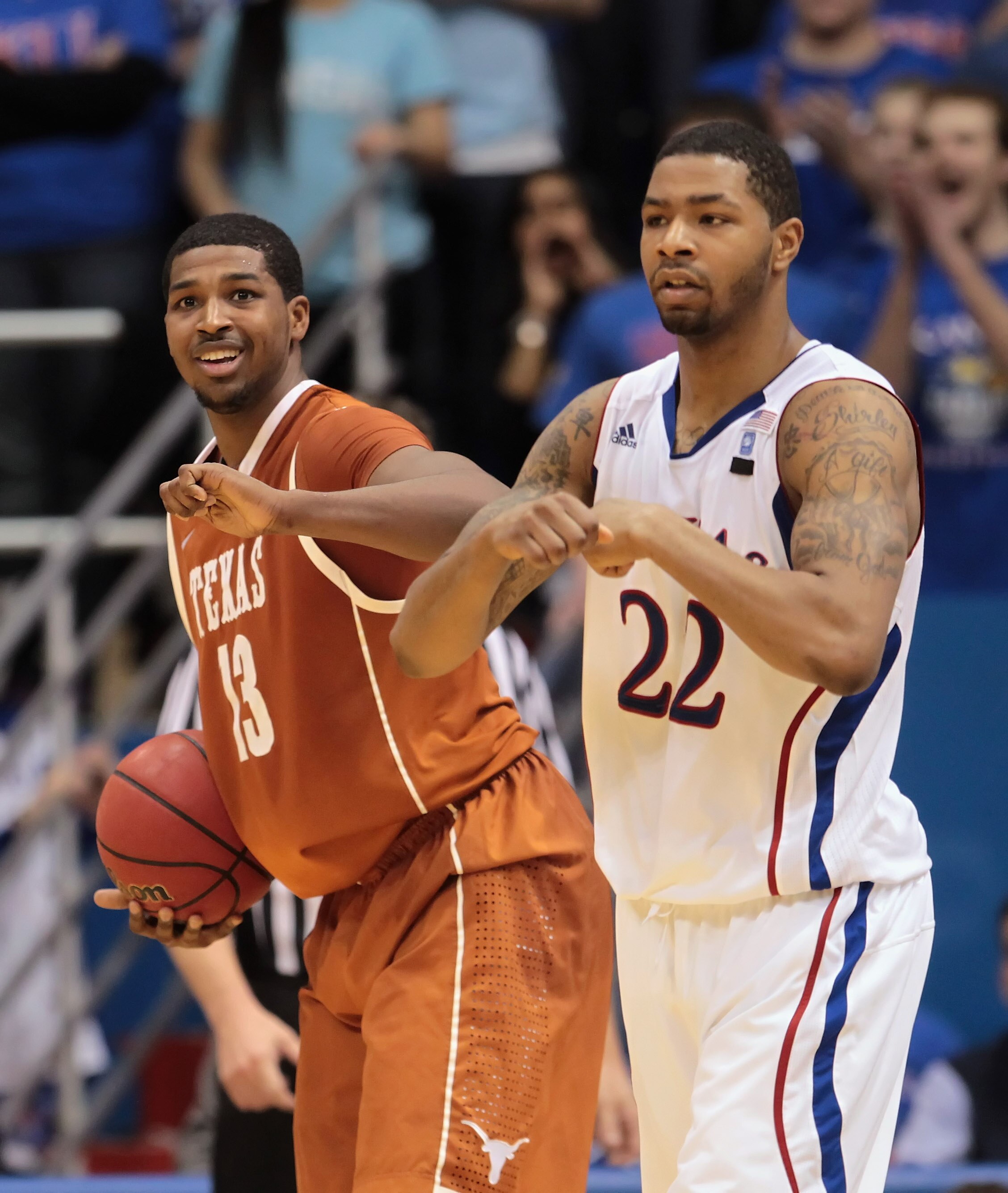 LAWRENCE, KS - JANUARY 22: Tristan Thompson #13 of the Texas Longhorns smiles after drawing a foul from Marcus Morris #22 of the Kansas Jayhawks during the second half of the game on January 22, 2011 at Allen Fieldhouse in Lawrence, Kansas. (Photo by Jami