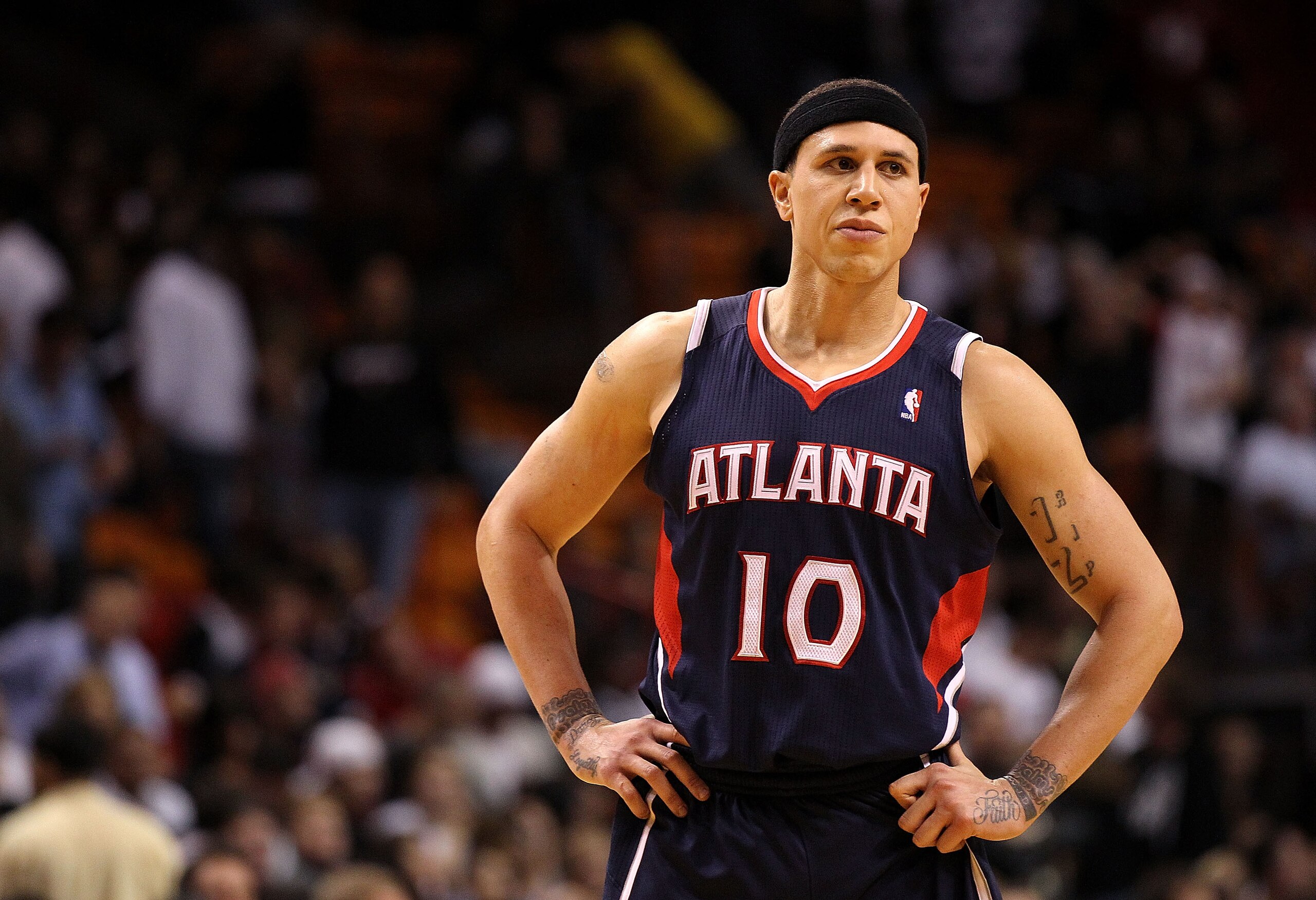 MIAMI, FL - DECEMBER 04:  Mike Bibby #10 of the Atlanta Hawks look on during a game against the Miami Heat at American Airlines Arena on December 4, 2010 in Miami, Florida. NOTE TO USER: User expressly acknowledges and agrees that, by downloading and/or u