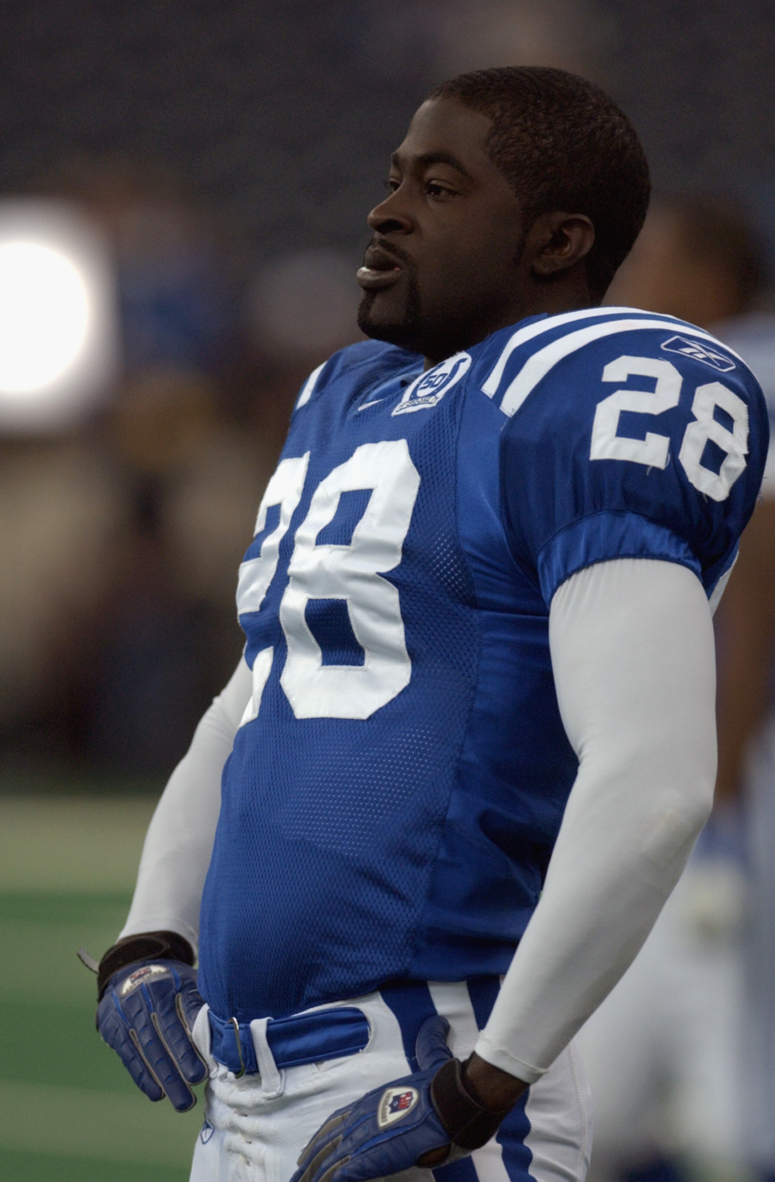 INDIANAPOLIS - OCTOBER 13:  Defensive back Idrees Bashir #28 of the Indianapolis Colts looks on during the NFL game against the Baltimore Ravens on October 13, 2002 at the RCA Dome in Indianapolis, Indiana.  The Colts defeated the Ravens 22-20.  (Photo by