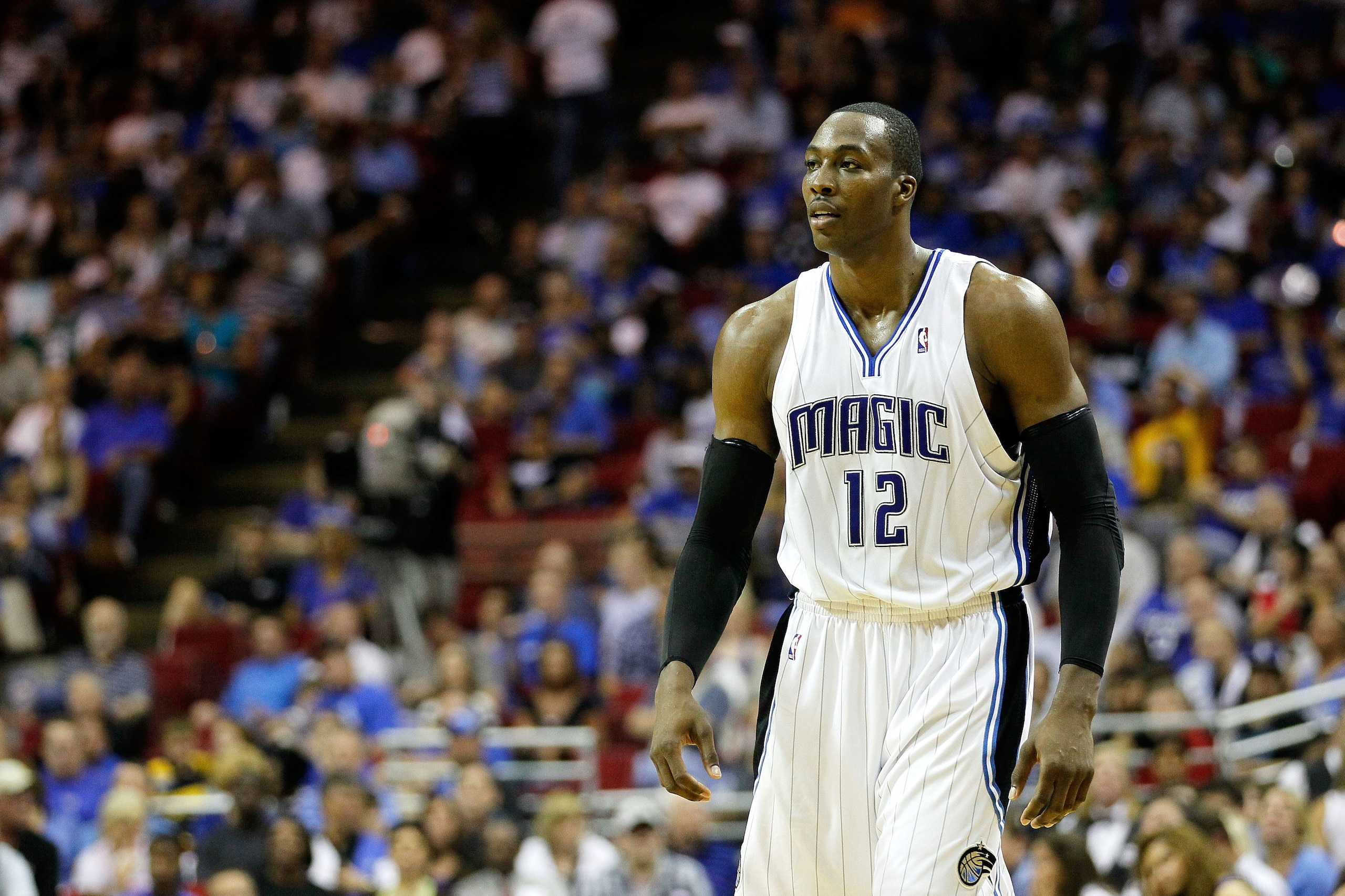 ORLANDO, FL - MAY 26:  Dwight Howard #12 of the Orlando Magic looks on against the Boston Celtics in Game Five of the Eastern Conference Finals during the 2010 NBA Playoffs at Amway Arena on May 26, 2010 in Orlando, Florida.  NOTE TO USER: User expressly