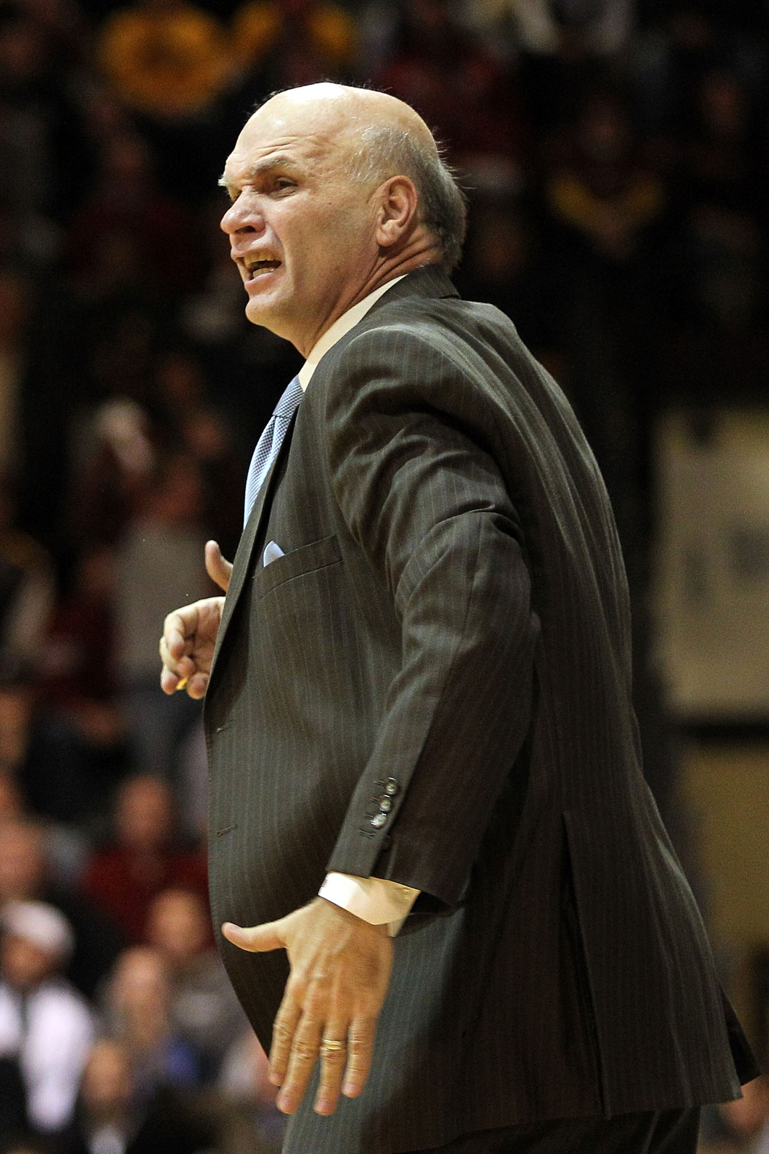 PHILADELPHIA, PA - DECEMBER 08:  Head coach Phil Martelli of the St. Joseph's Hawks reacts as he coaches in the second half against the Minnesota Golden Gophers at Michael J. Hagan Arena on December 8, 2010 in Philadelphia, Pennsylvania.  (Photo by Chris