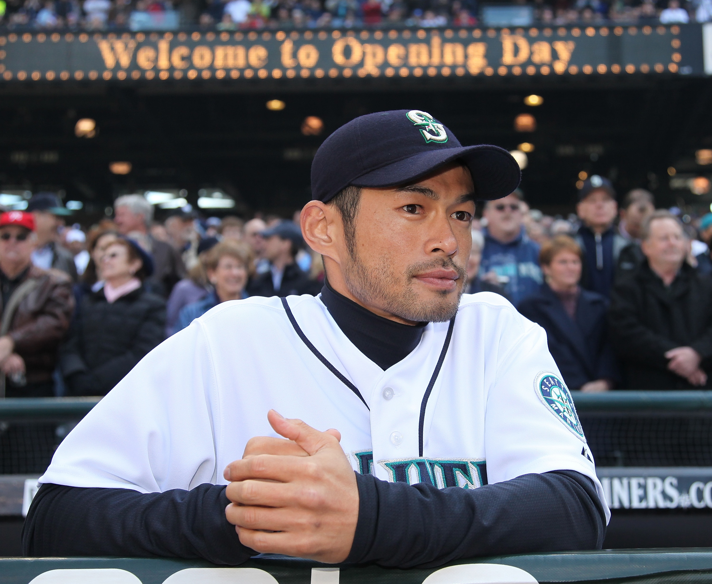 SEATTLE - APRIL 14:  Ichiro Suzuki #51 of the Seattle Mariners watches pre-game ceremonies prior to the Opening Day game against the Los Angeles Angels of Anaheim on April 14, 2009 at Safeco Field in Seattle, Washington. (Photo by Otto Greule Jr/Getty Ima