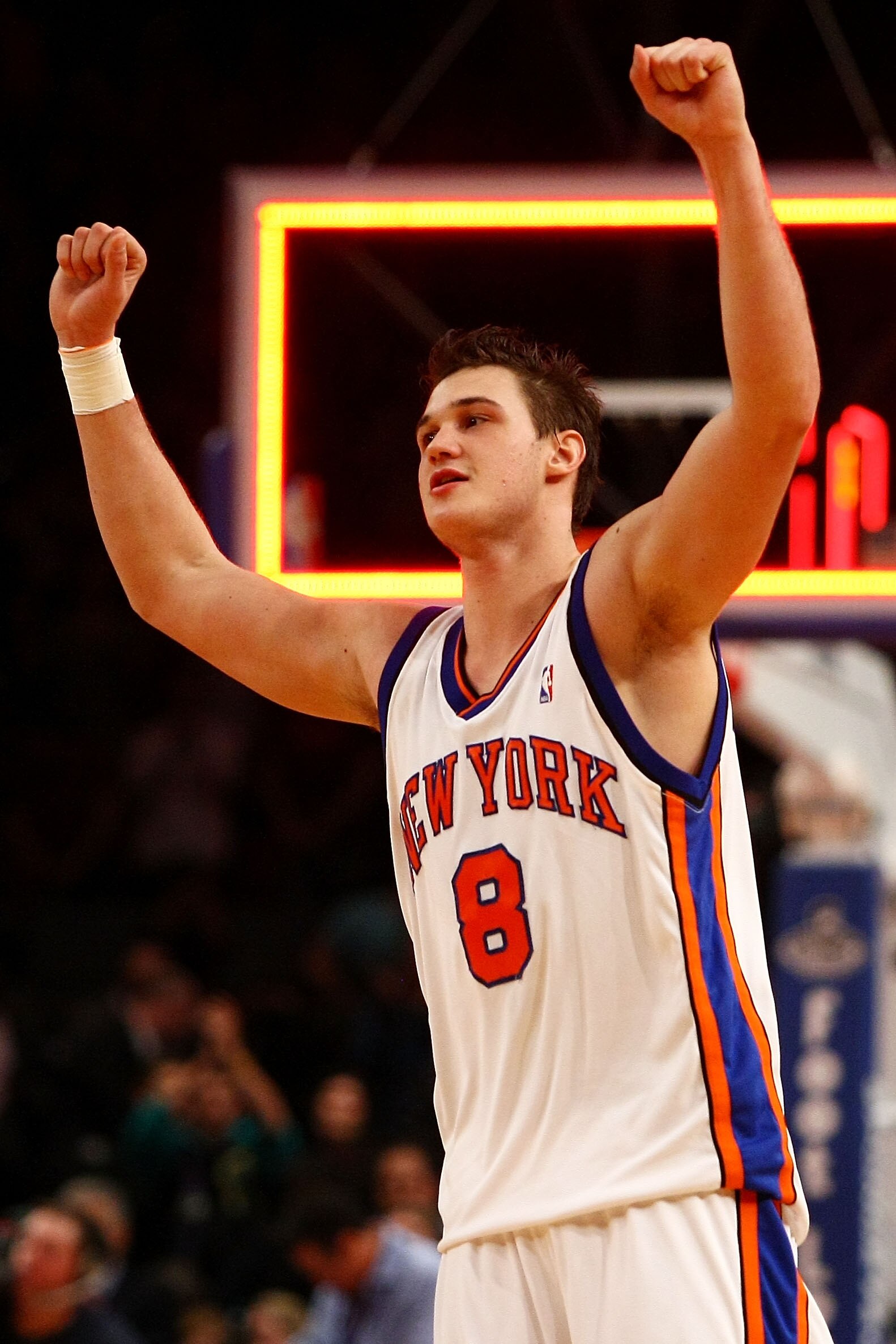 NEW YORK - JANUARY 07:  Danilo Gallinari #8 of the New York Knicks celebrates victory over the Charlotte Bobcats at Madison Square Garden January 7, 2010 in New York City. NOTE TO USER: User expressly acknowledges and agrees that, by downloading and/or us